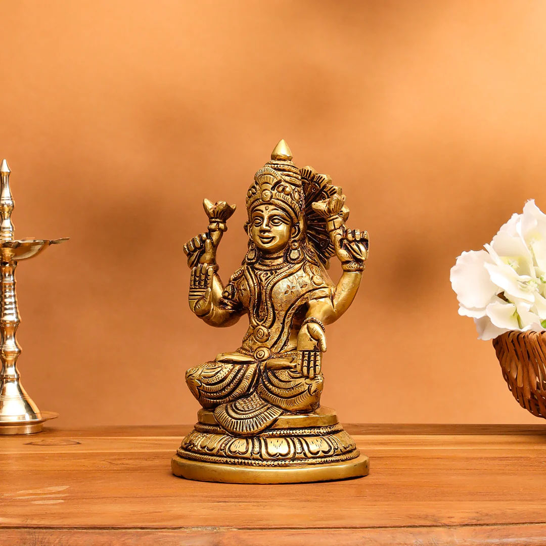 Brass Goddess Sitting Lakshmi Idol (6.8 Inch) - Image 2