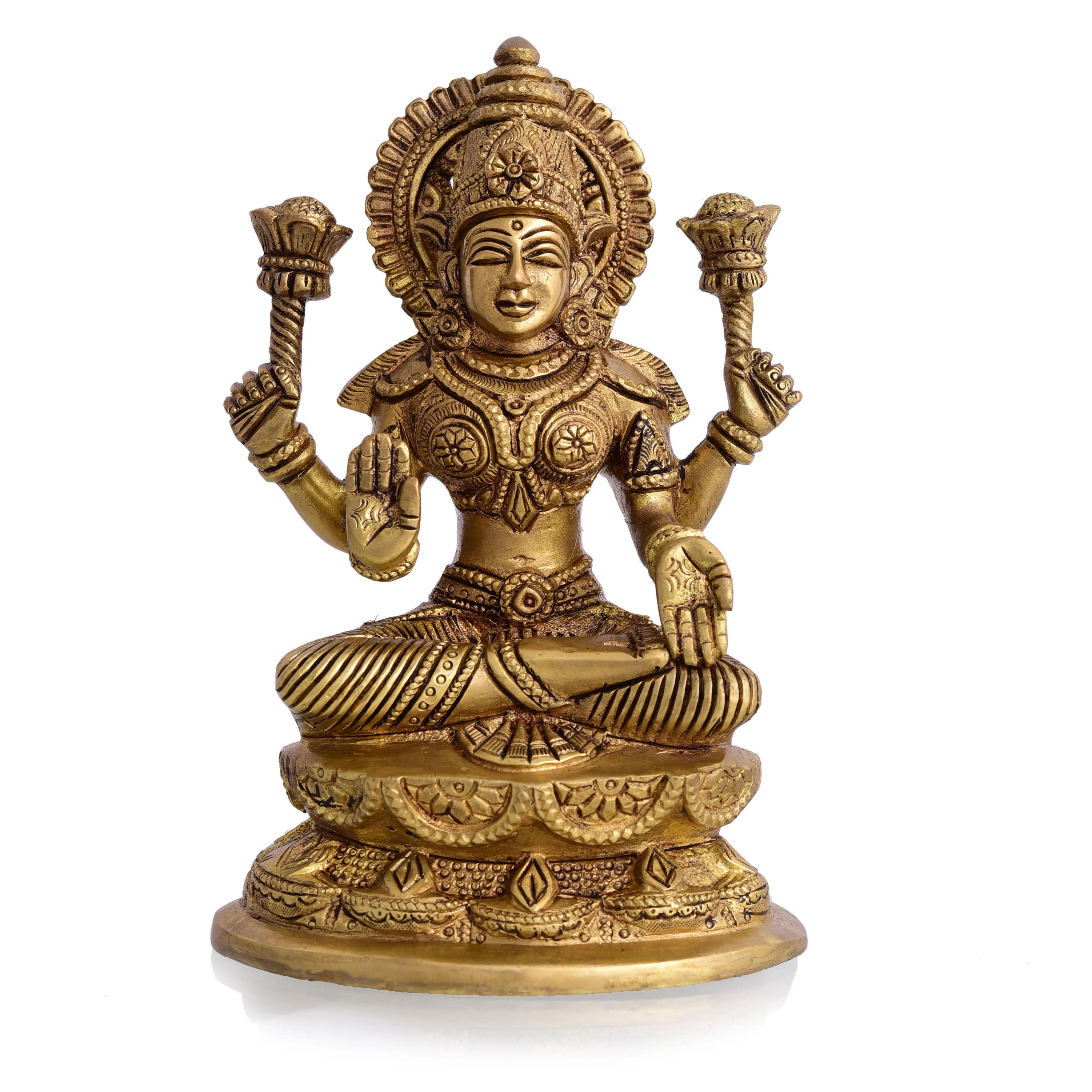 Brass Goddess Sitting Lakshmi Idol (7 Inch) - Image 3