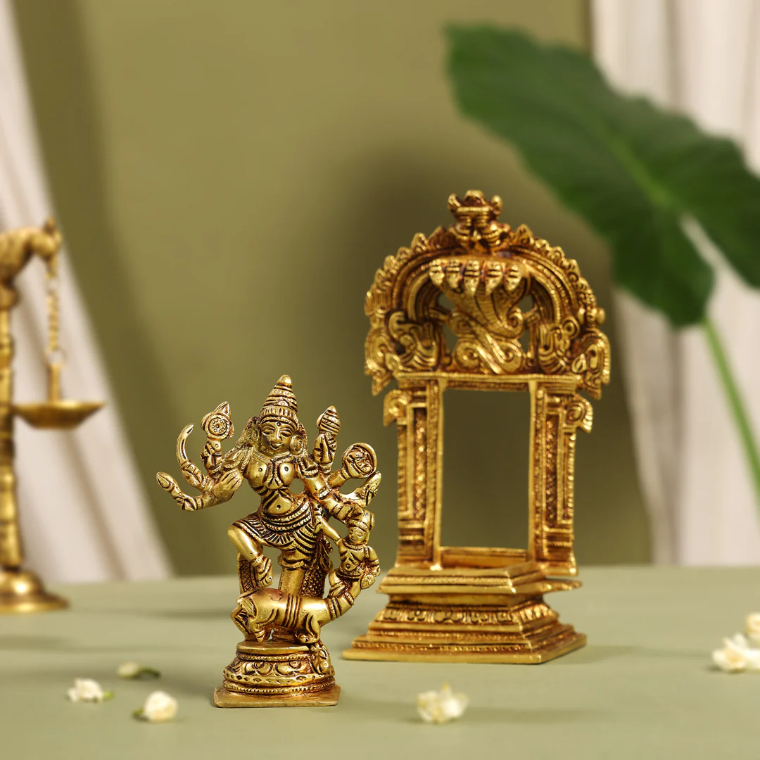 Brass Goddess Standing Mahishasura Mardini Idol (8 Inch) - Image 11