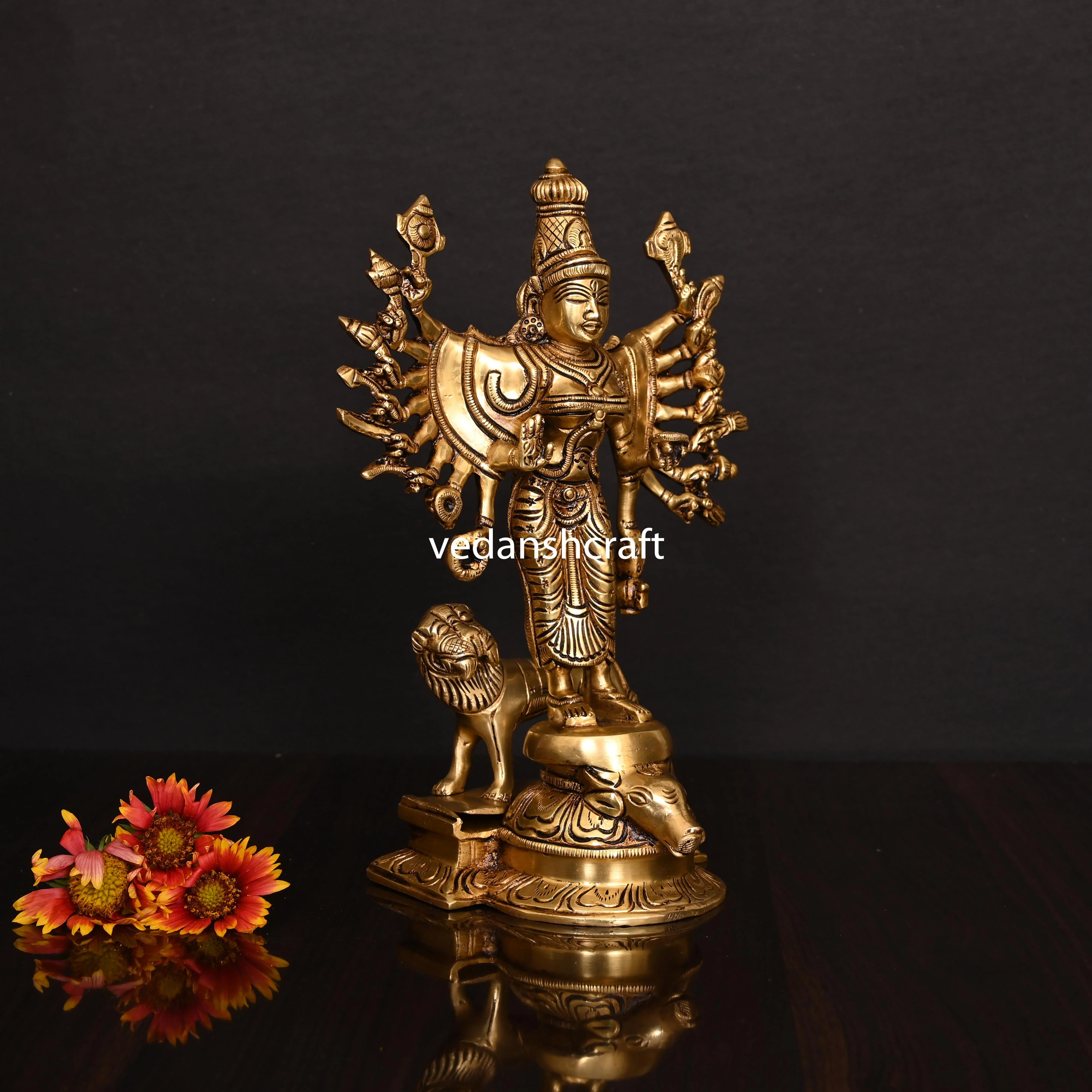 Brass Goddess Standing Mahishasura Mardini Superfine Idol (9.5 Inch) - Image 3