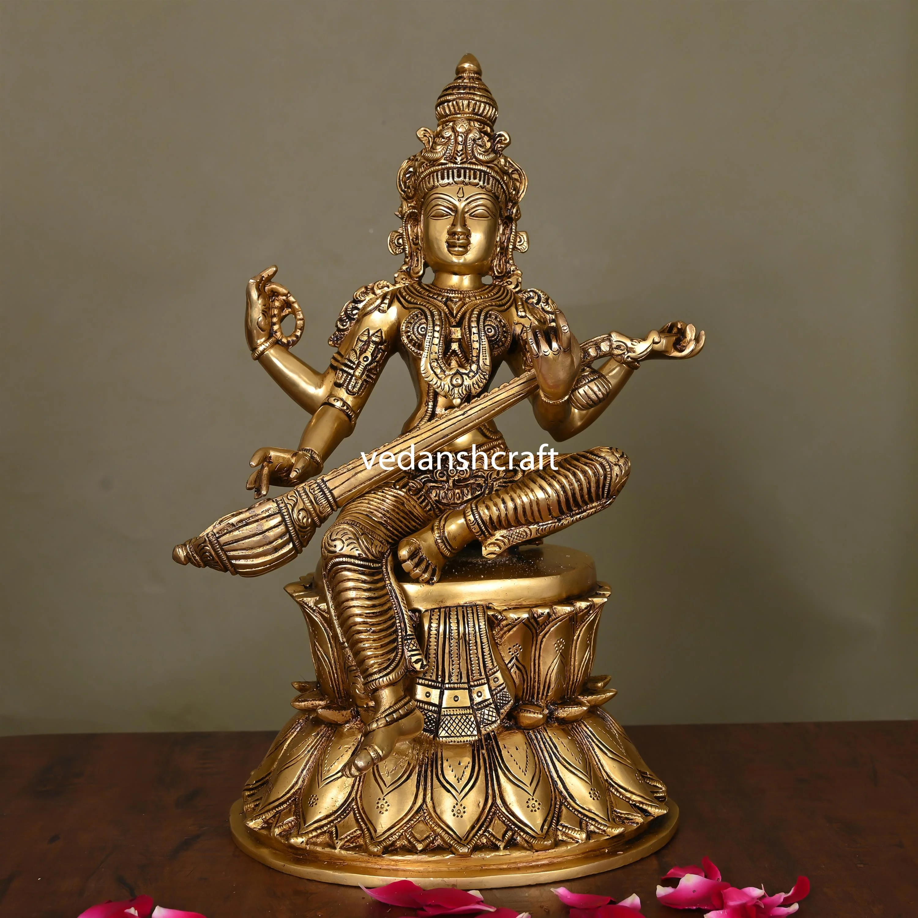 Brass Goddess Sitting Saraswati Idol (14.5")