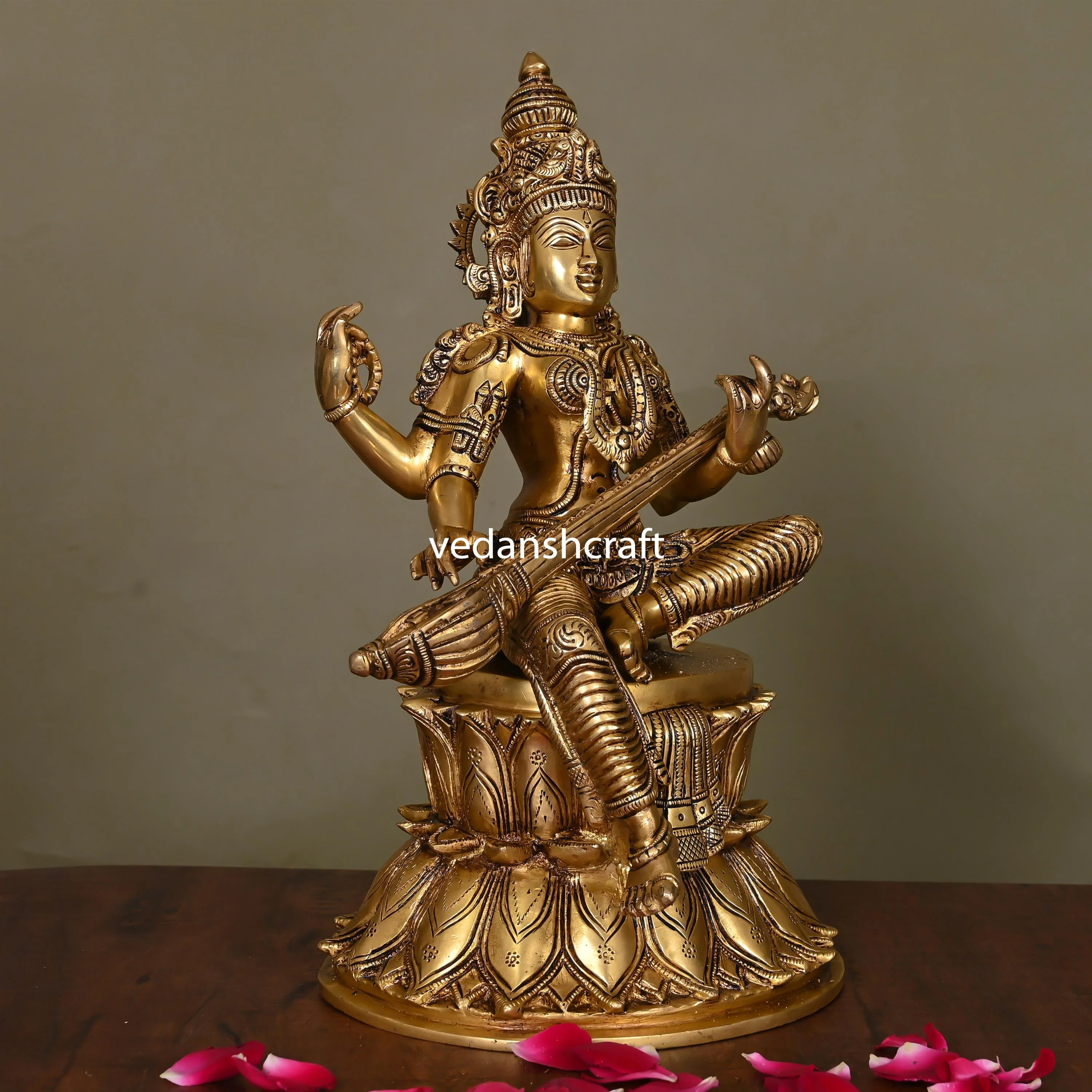 Brass Goddess Sitting Saraswati Idol (14.5") - Image 2