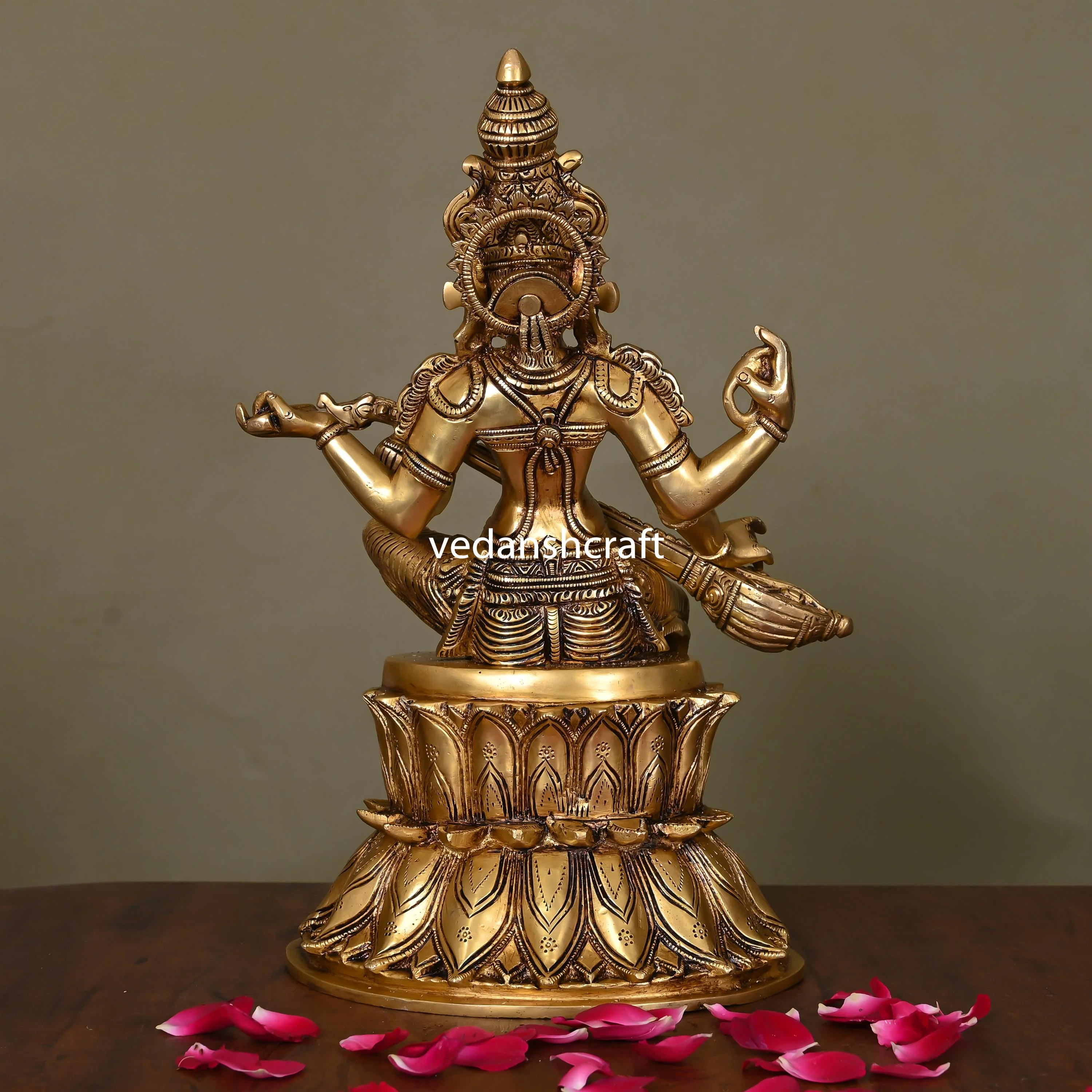 Brass Goddess Sitting Saraswati Idol (14.5") - Image 3