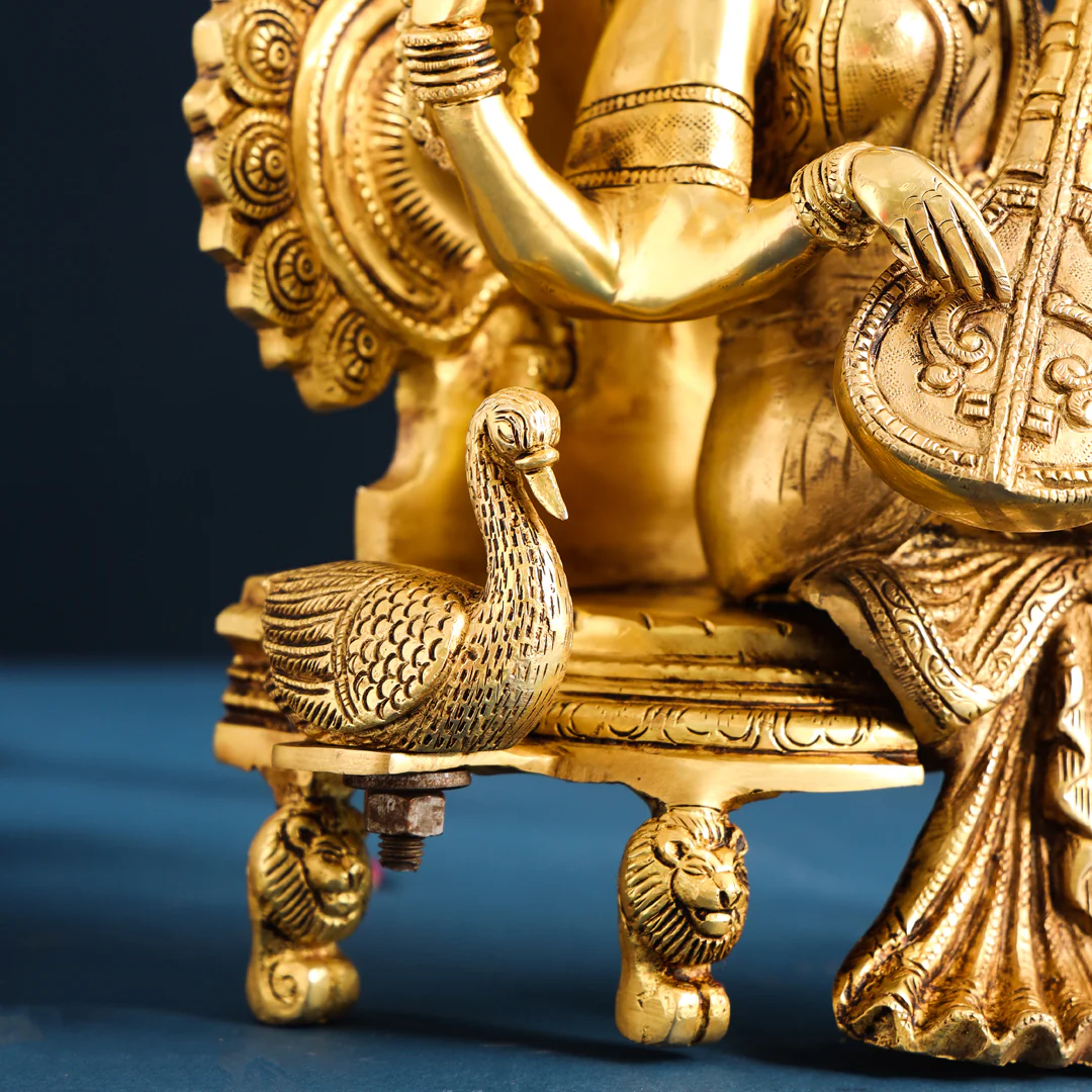 Brass Goddess Sitting Saraswati Idol (15 Inch) - Image 5