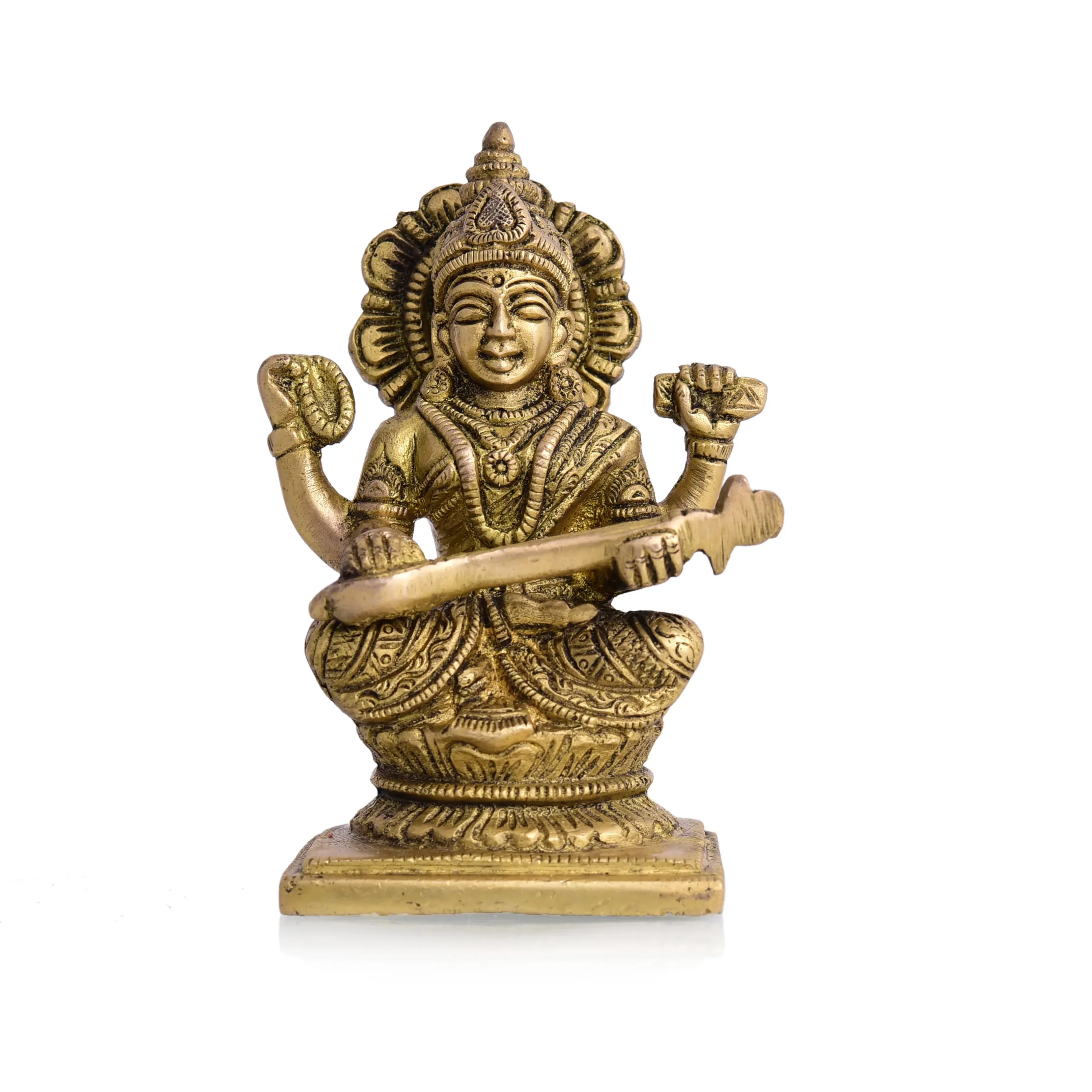 Brass Goddess Sitting Saraswati Idol (4.3 Inch) - Image 3