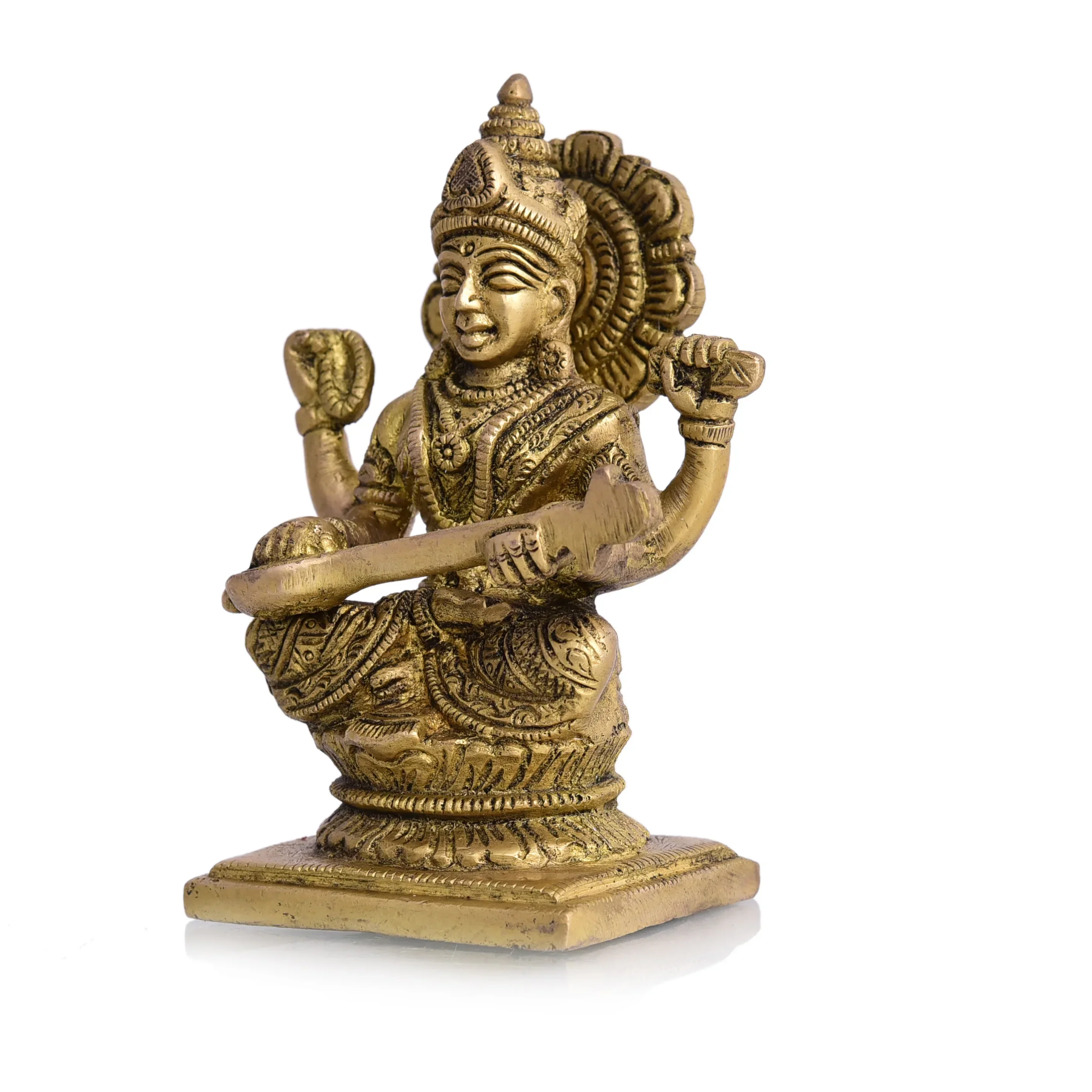 Brass Goddess Sitting Saraswati Idol (4.3 Inch) - Image 4