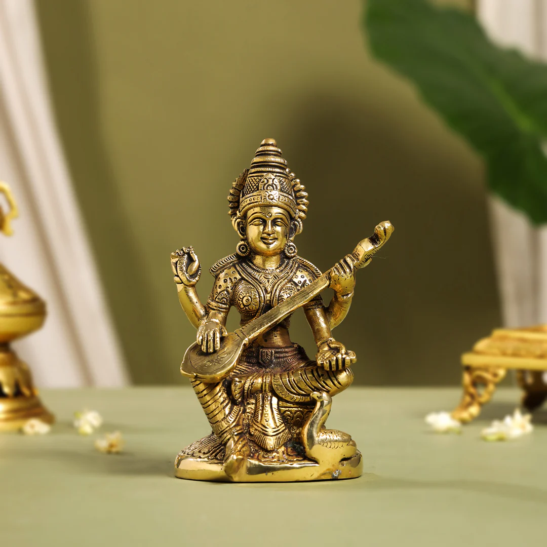 Brass Goddess Sitting Saraswati Idol (6.5 Inch)