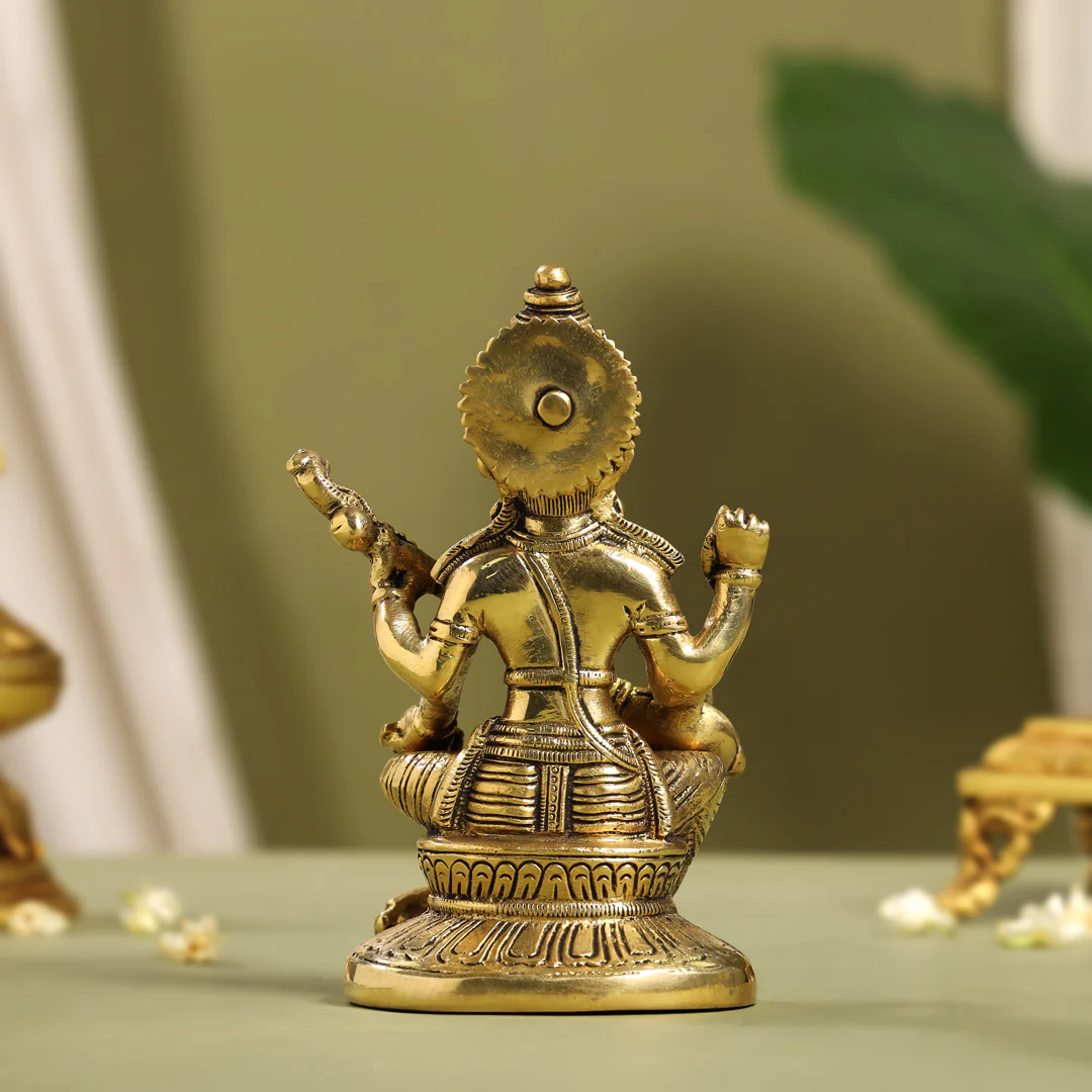 Brass Goddess Sitting Saraswati Idol (6.5 Inch) - Image 3