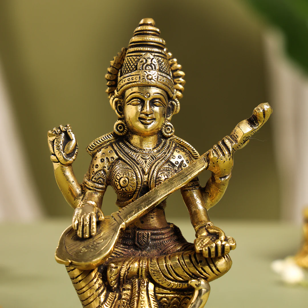 Brass Goddess Sitting Saraswati Idol (6.5 Inch) - Image 6