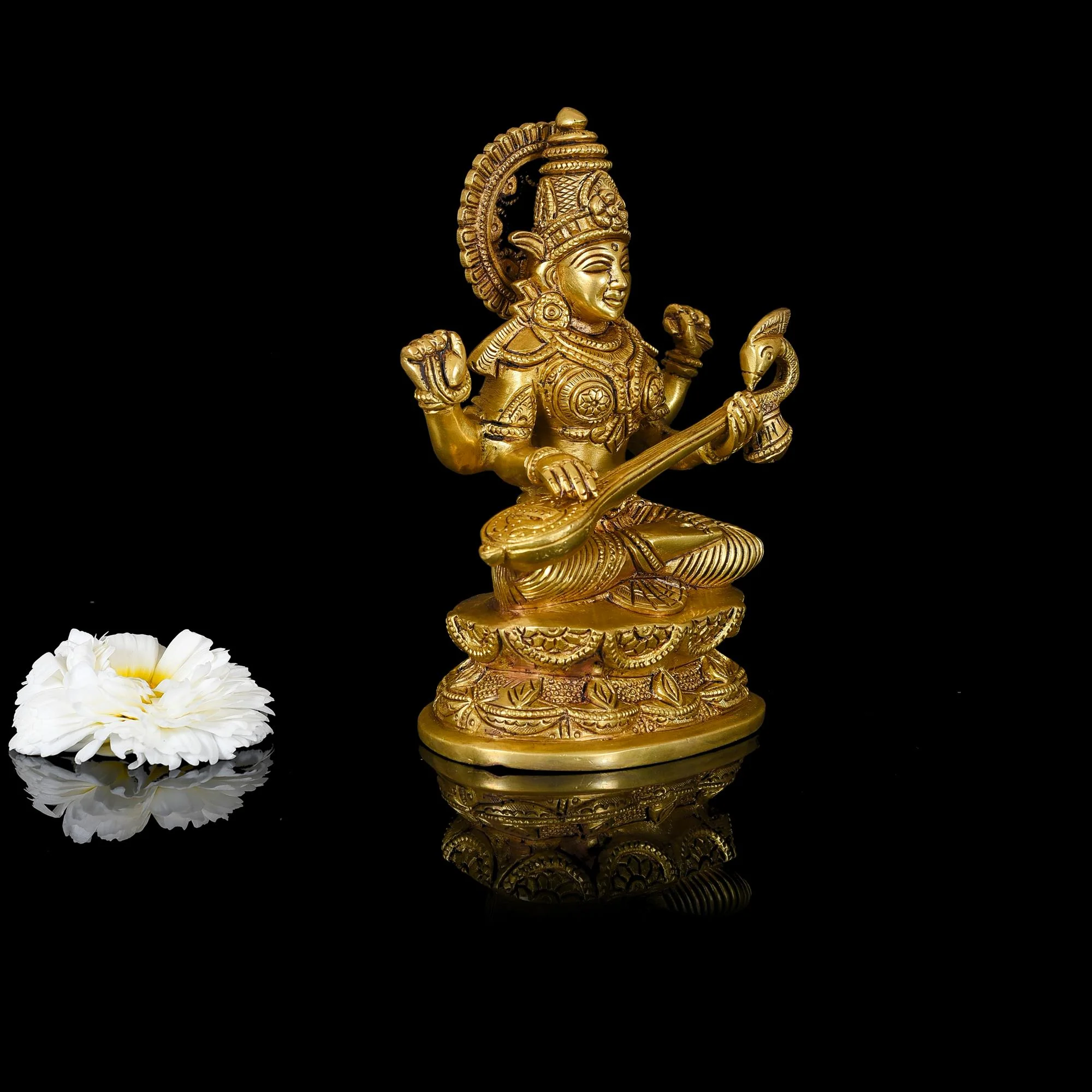 Brass Goddess Sitting Saraswati Idol (7 Inch) - Image 3