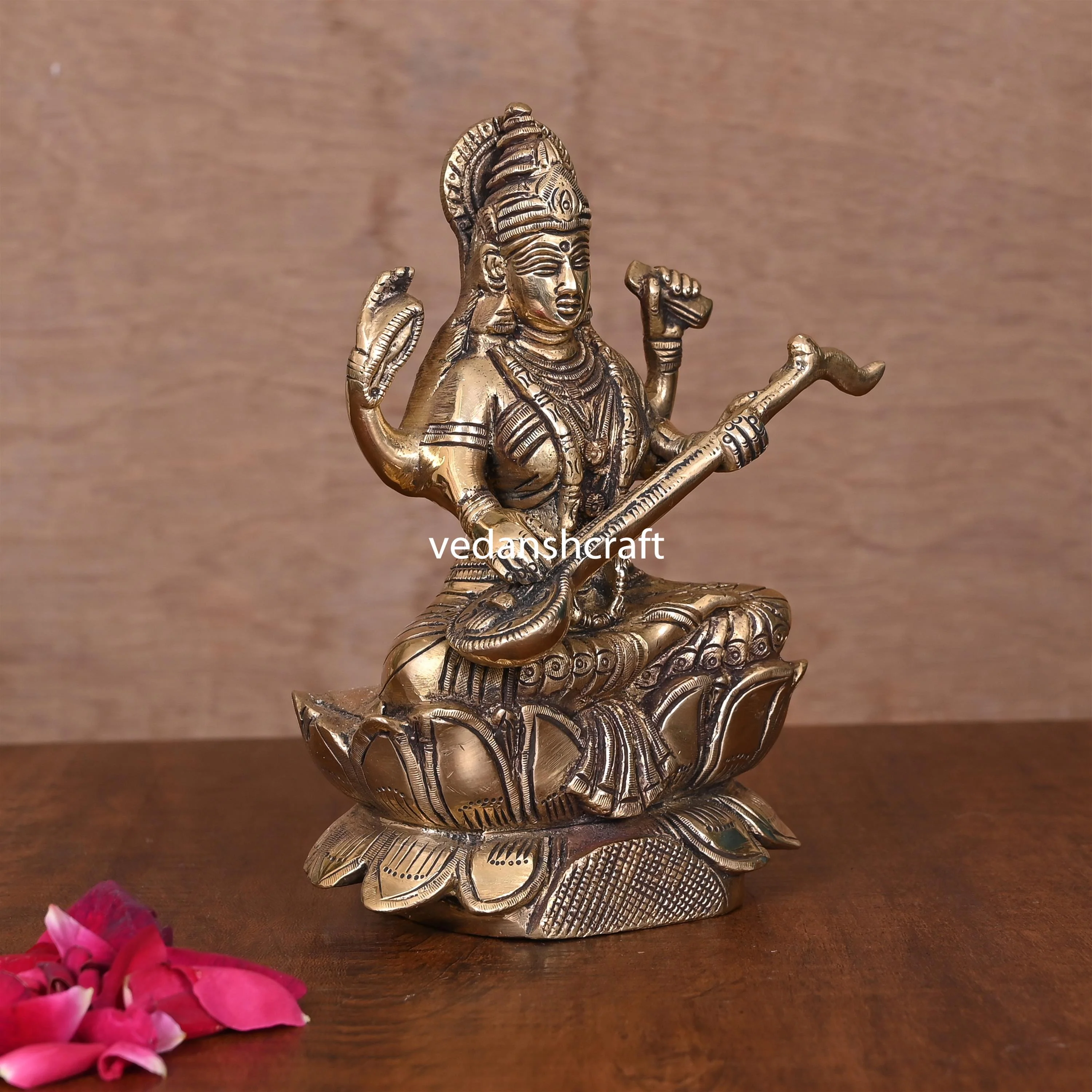 Brass Goddess Sitting Saraswati On Lotus (6.8") - Image 2