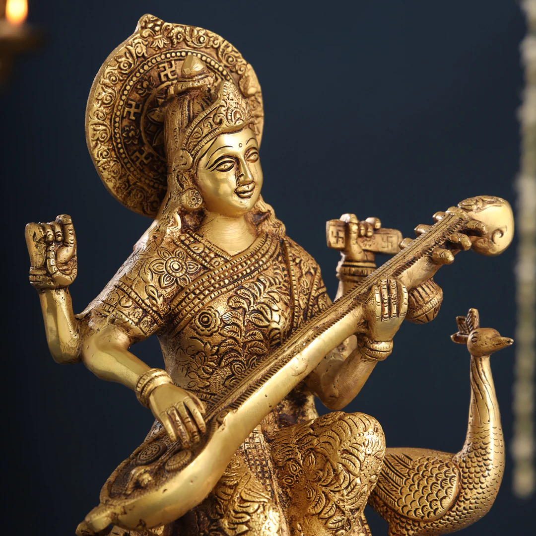 Brass Goddess Sitting Saraswati With Peacock Figurine (15 Inch) - Image 5