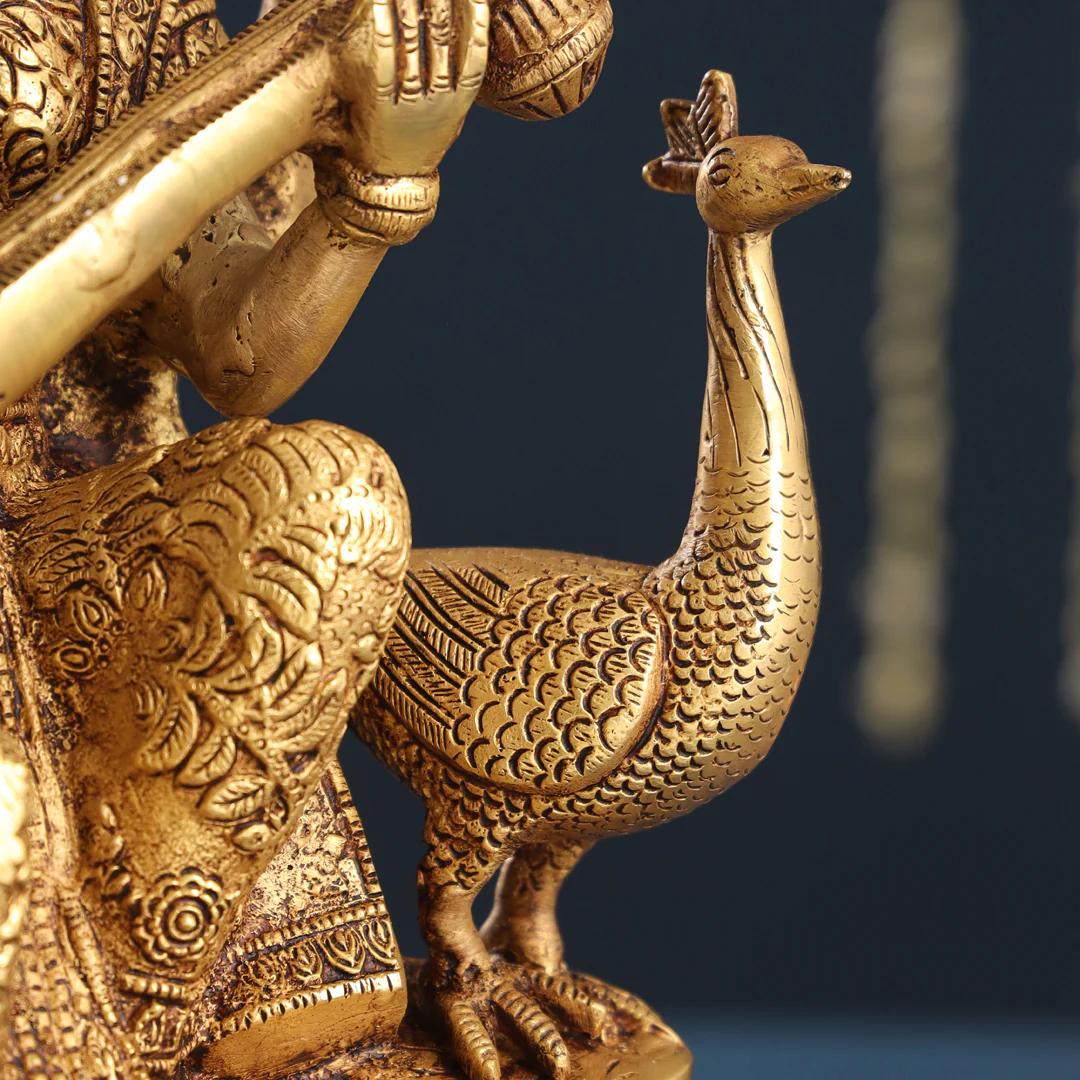 Brass Goddess Sitting Saraswati With Peacock Figurine (15 Inch) - Image 6