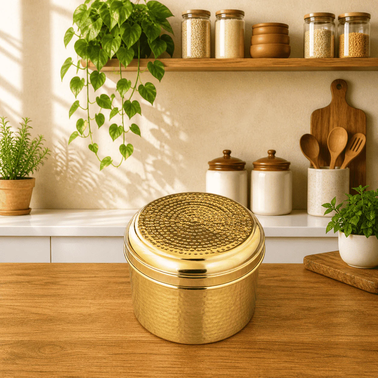 Brass Hammered Container With Lid - Image 3
