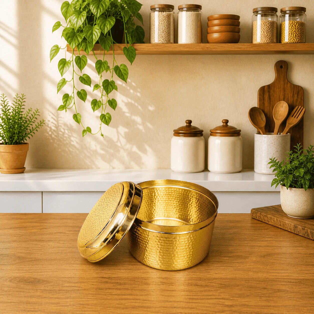 Brass Hammered Container With Lid - Image 6