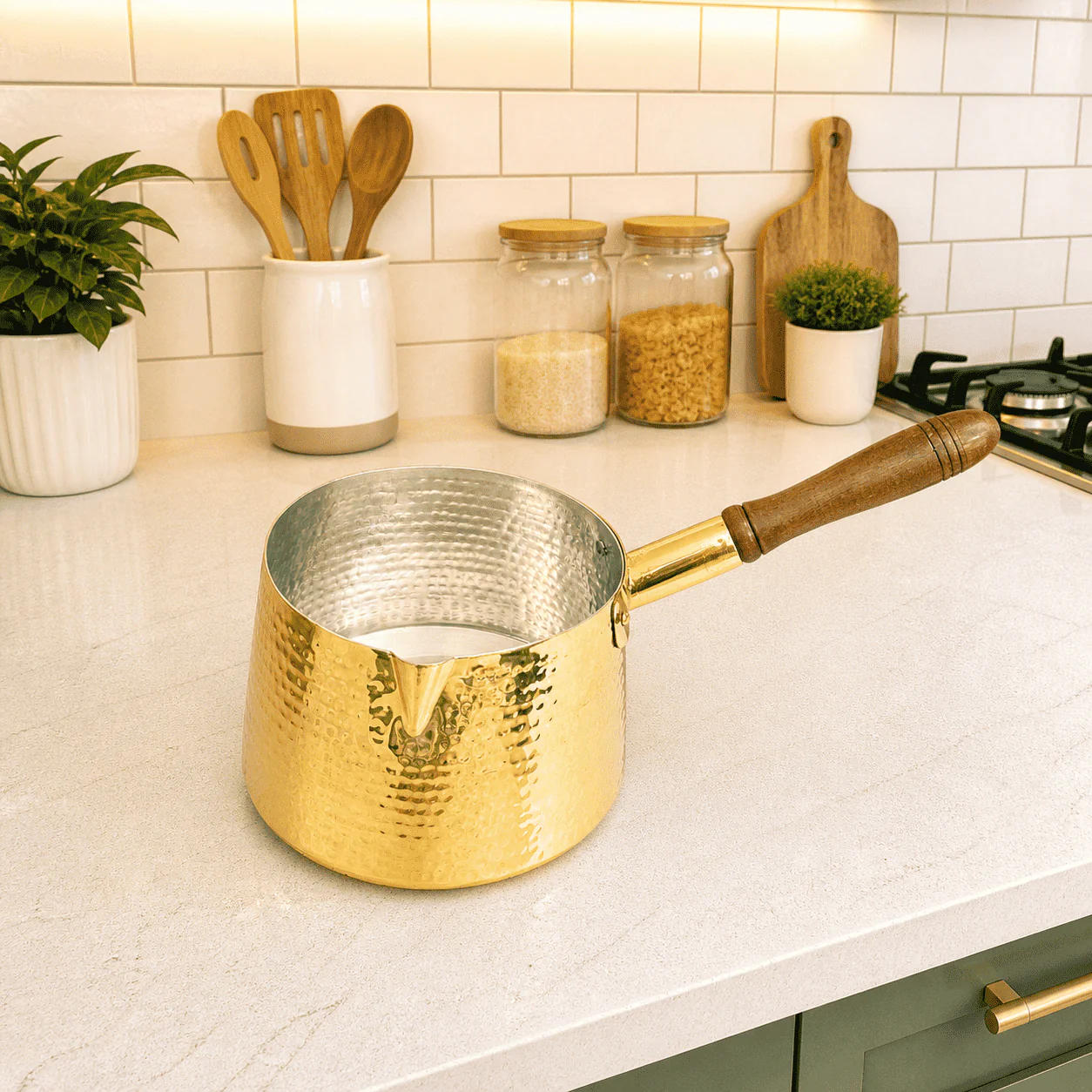 Brass Hammered Sauce Pan With Wooden Handle (4.8 Inch)