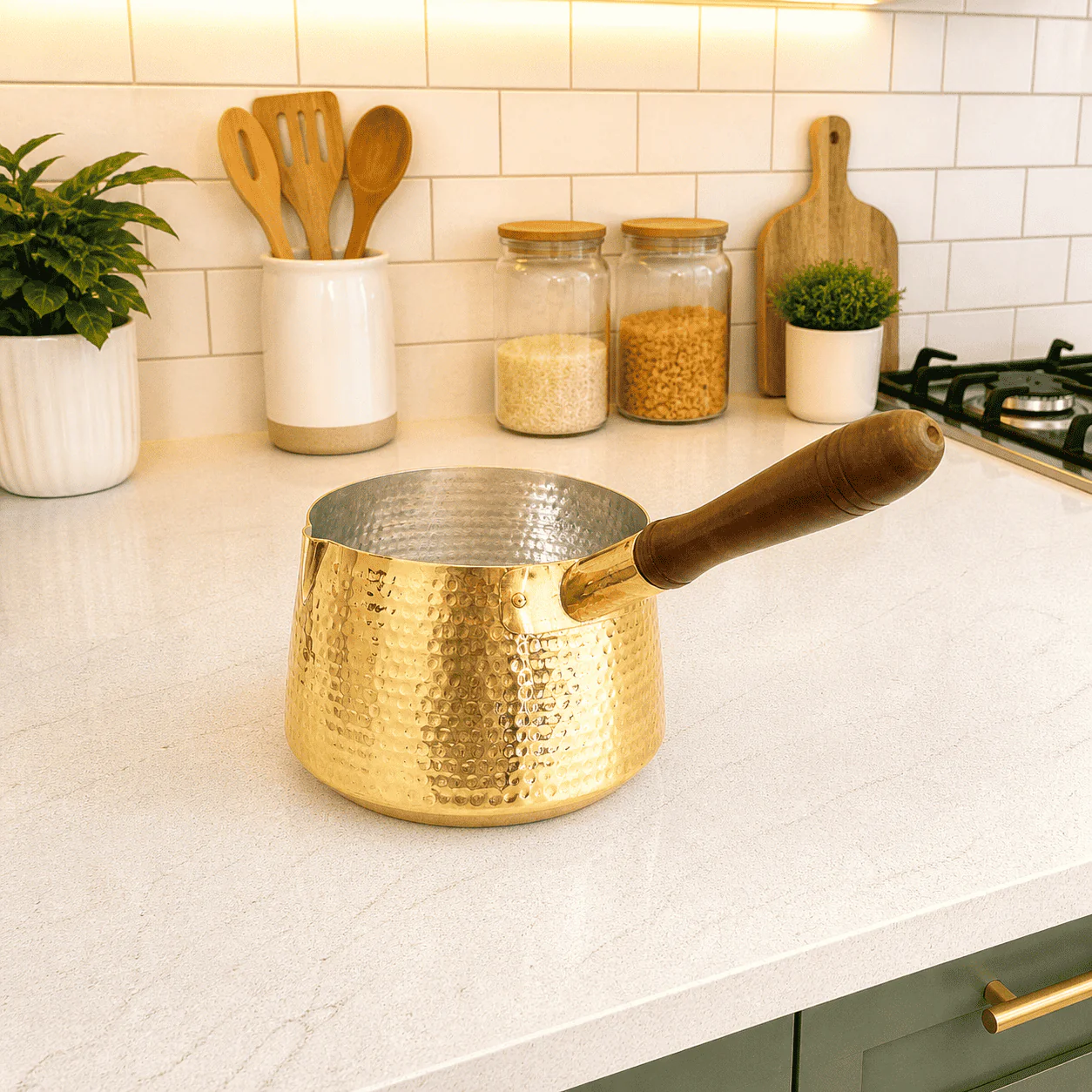 Brass Hammered Sauce Pan With Wooden Handle (4.8 Inch) - Image 2