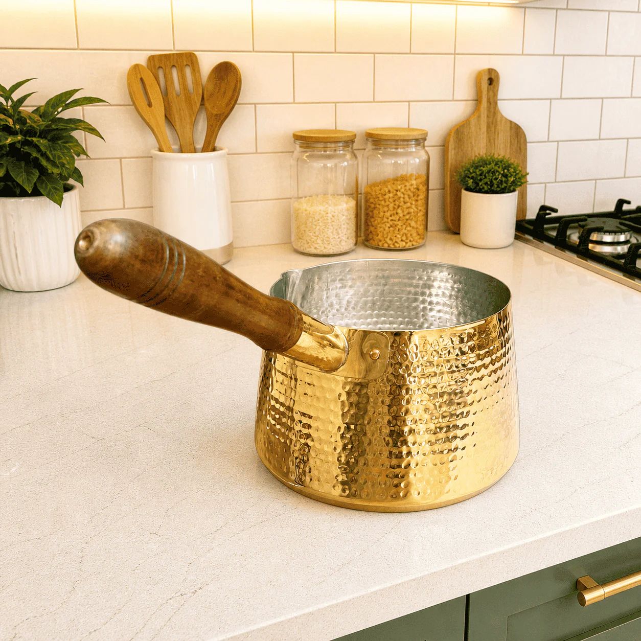 Brass Hammered Sauce Pan With Wooden Handle (4.8 Inch) - Image 3