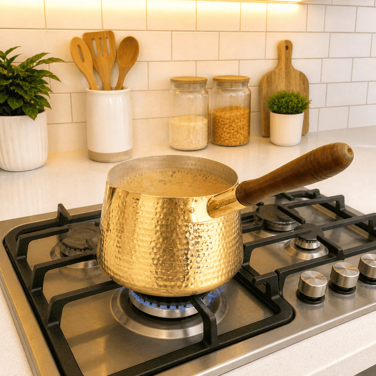 Brass Hammered Sauce Pan With Wooden Handle (4.8 Inch) - Image 5