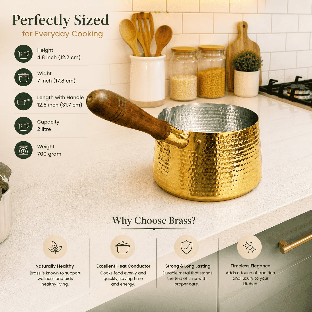 Brass Hammered Sauce Pan With Wooden Handle (4.8 Inch) - Image 6