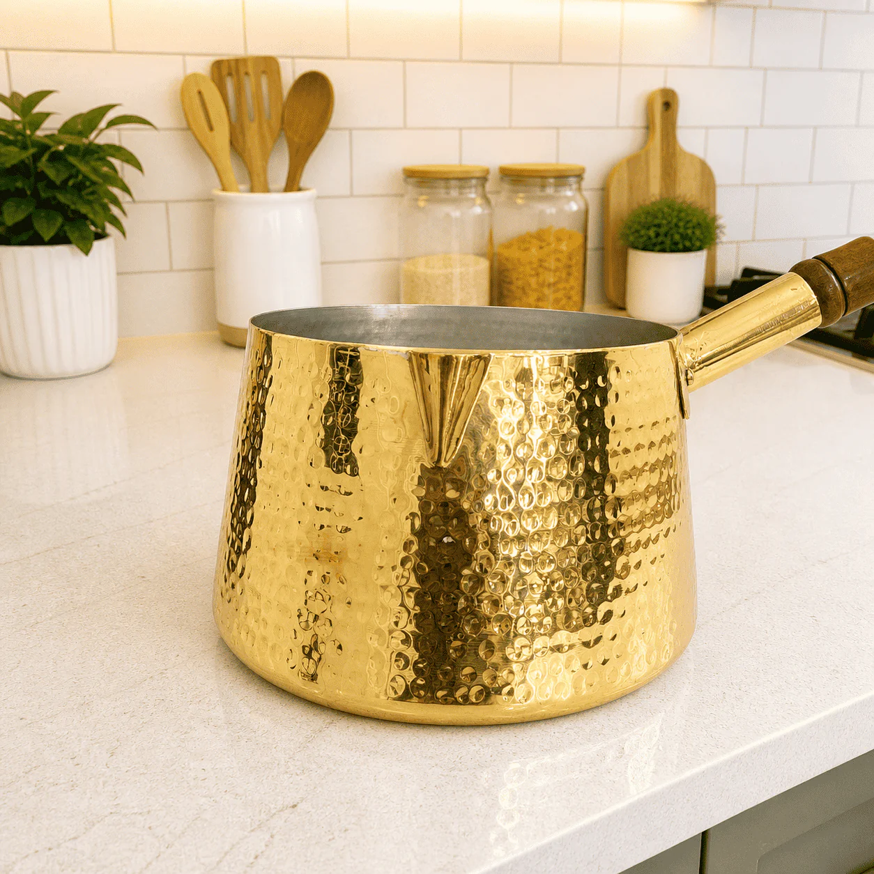 Brass Hammered Sauce Pan With Wooden Handle (4.8 Inch) - Image 8