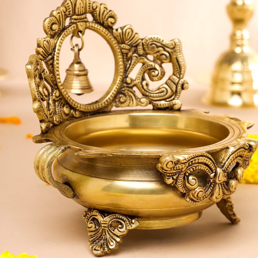 Brass Hand-Carved Urli With Bell (7 Inch) - Image 2