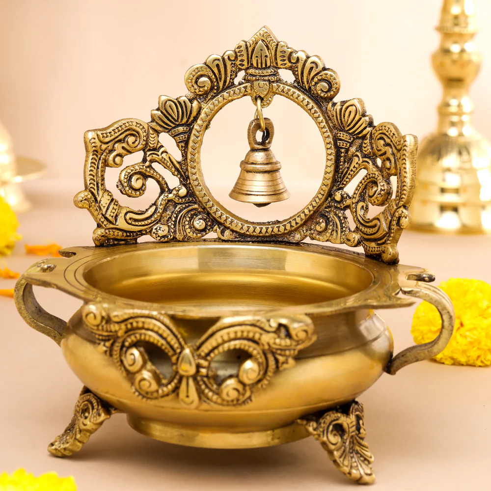 Brass Hand-Carved Urli With Bell (7 Inch) - Image 3