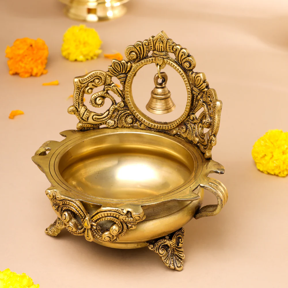Brass Hand-Carved Urli With Bell (7 Inch) - Image 4