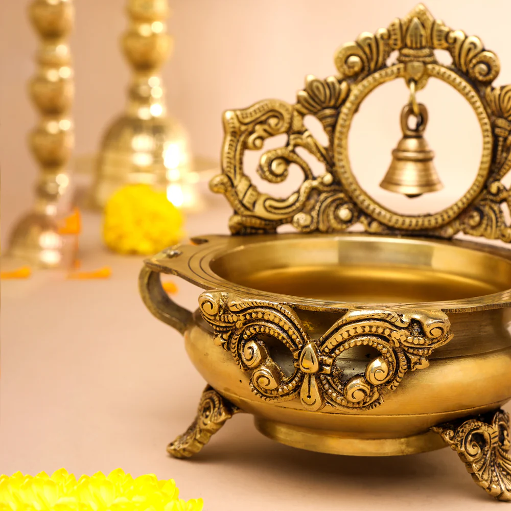 Brass Hand-Carved Urli With Bell (7 Inch) - Image 5
