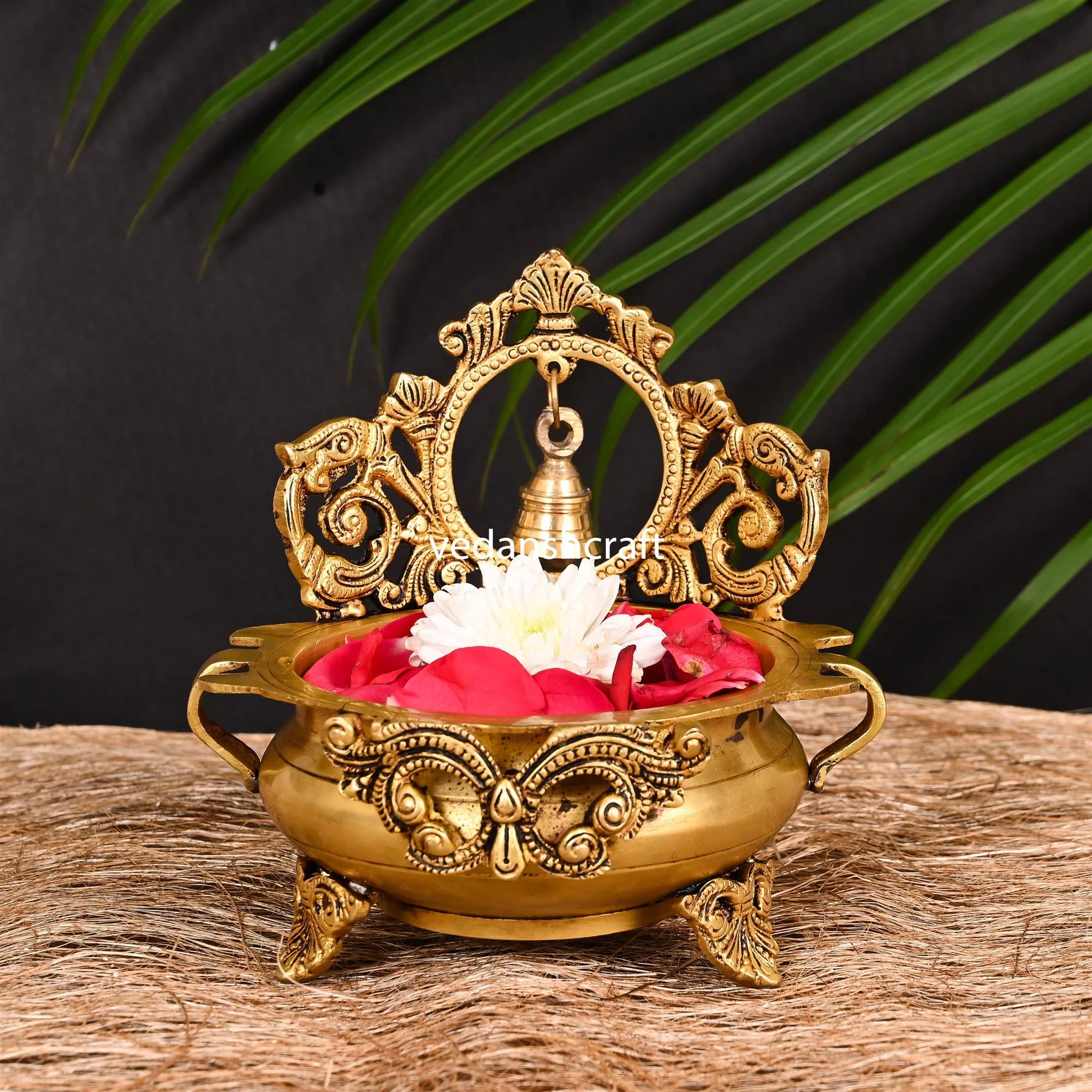 Brass Hand-Carved Urli With Bell (7 Inch) - Image 8