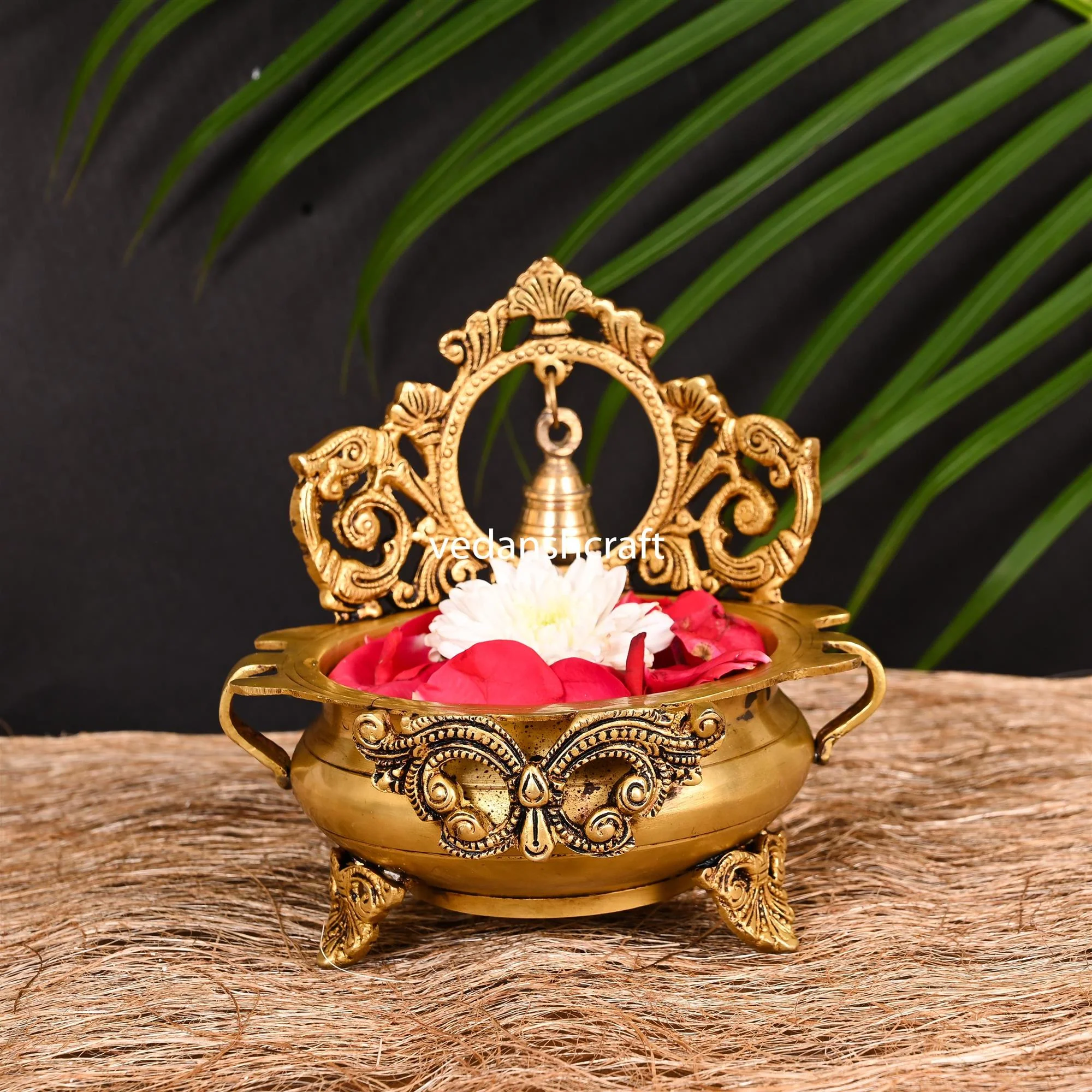 Brass Hand-Carved Urli With Bell (7 Inch) - Image 9