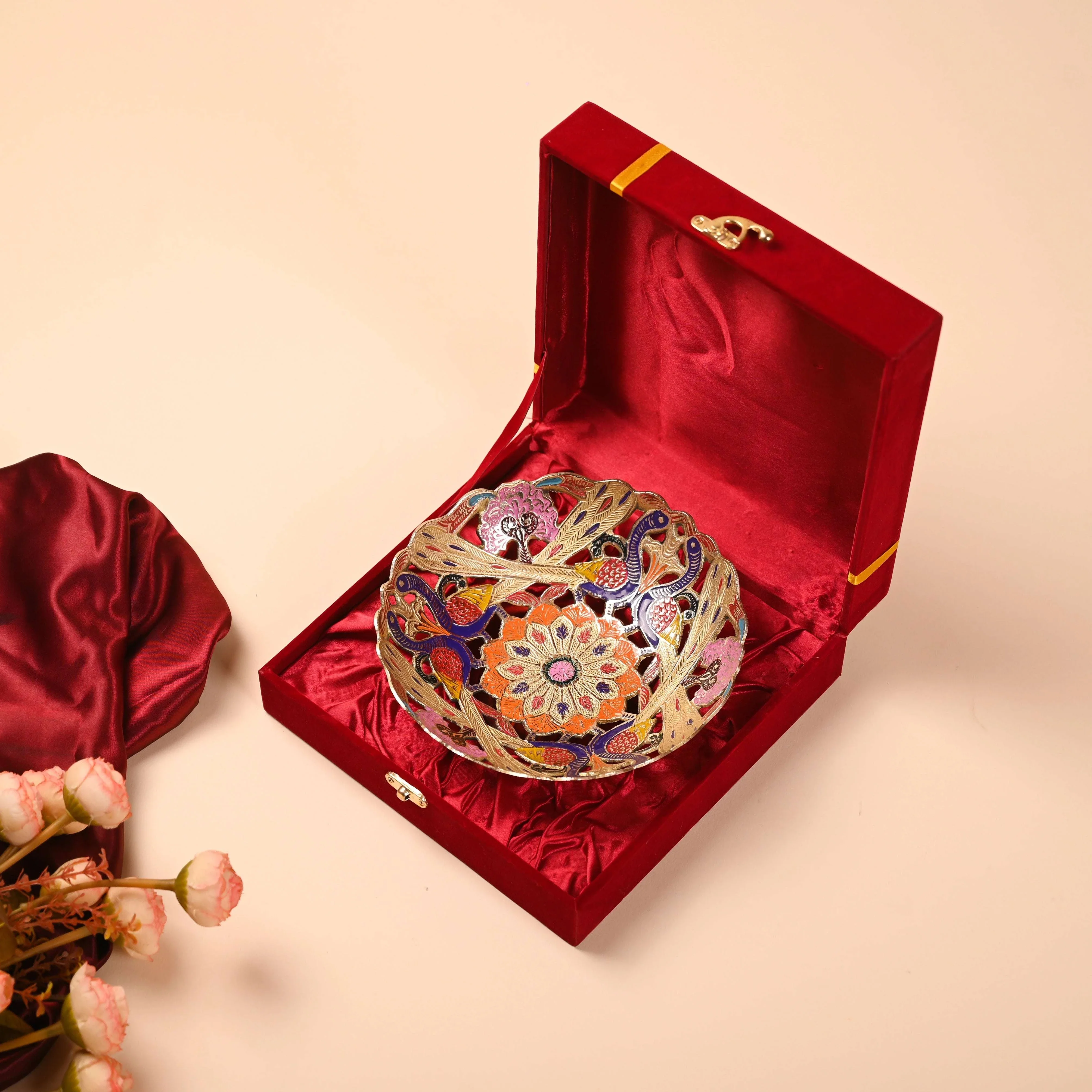 Brass Hand Painted Peacock Fruit Bowl With Velvet Box (7.5 Inch)