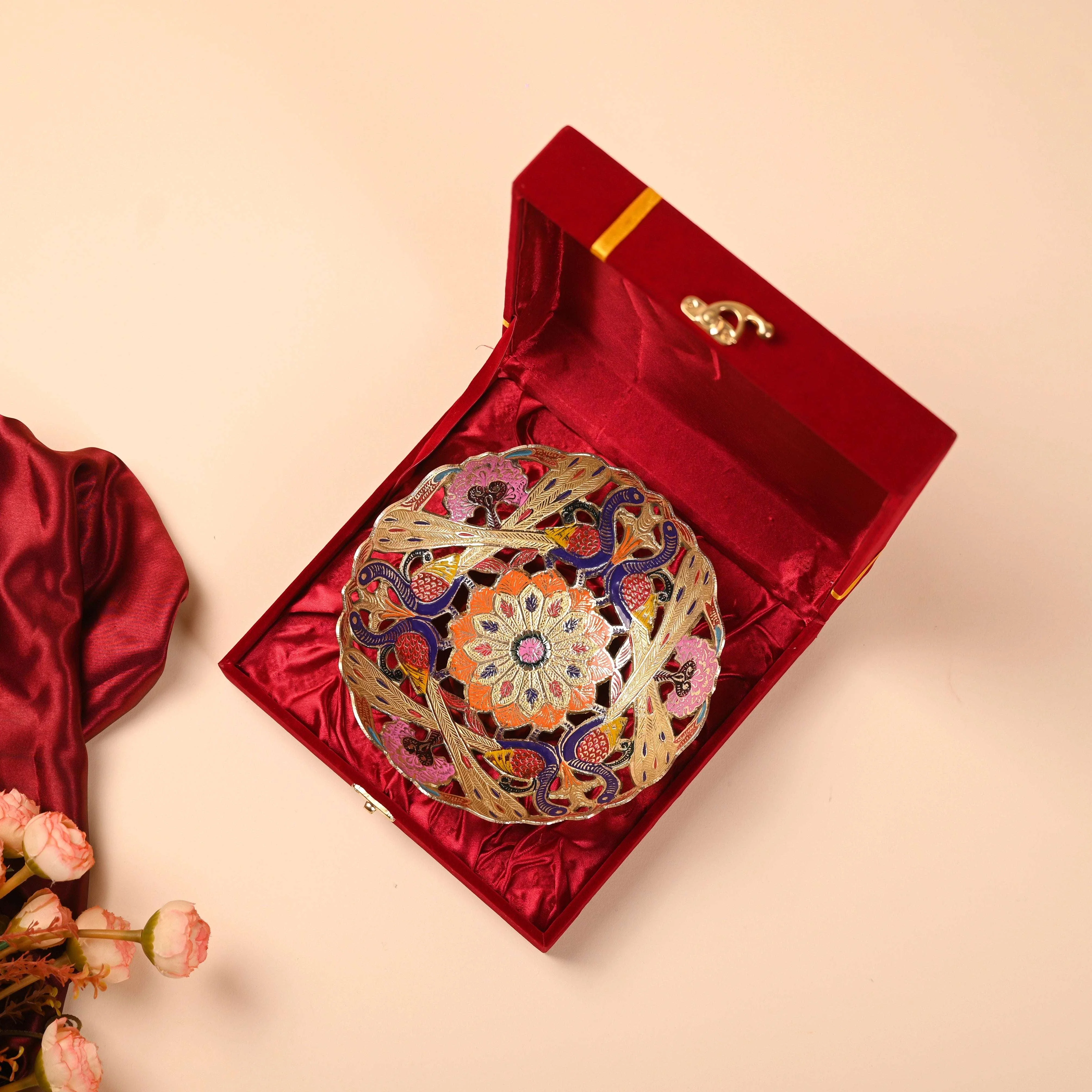 Brass Hand Painted Peacock Fruit Bowl With Velvet Box (7.5 Inch) - Image 2