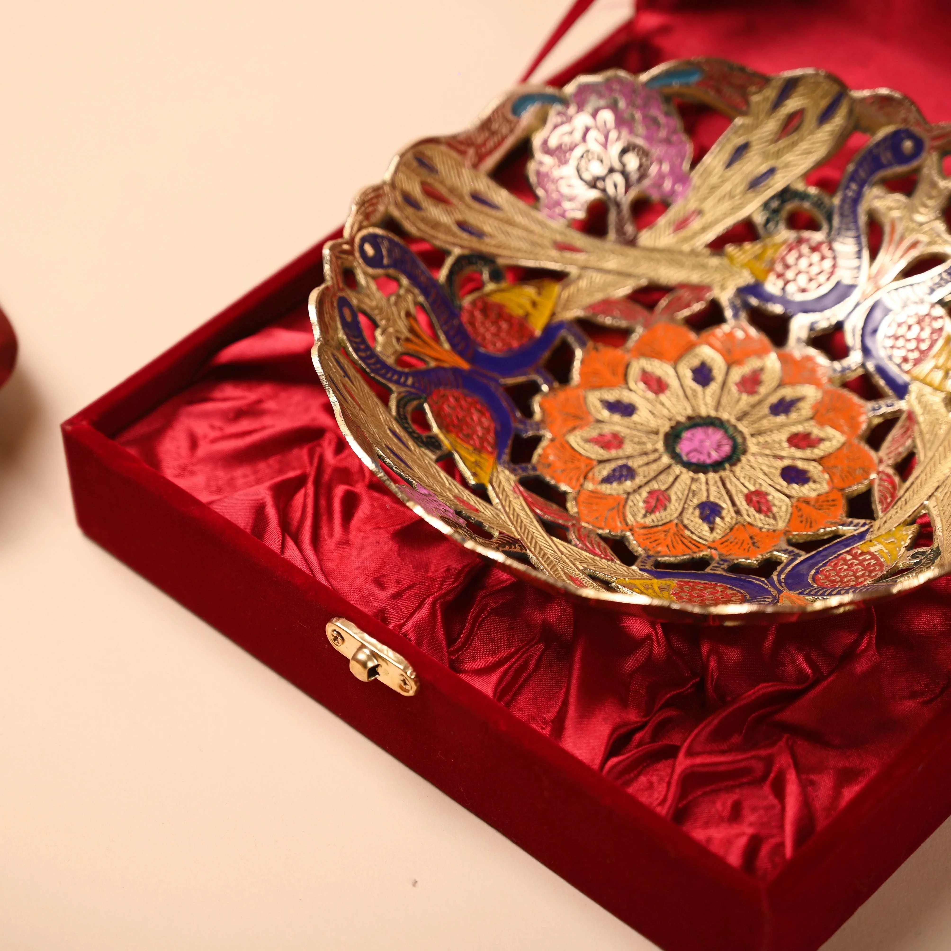 Brass Hand Painted Peacock Fruit Bowl With Velvet Box (7.5 Inch) - Image 3