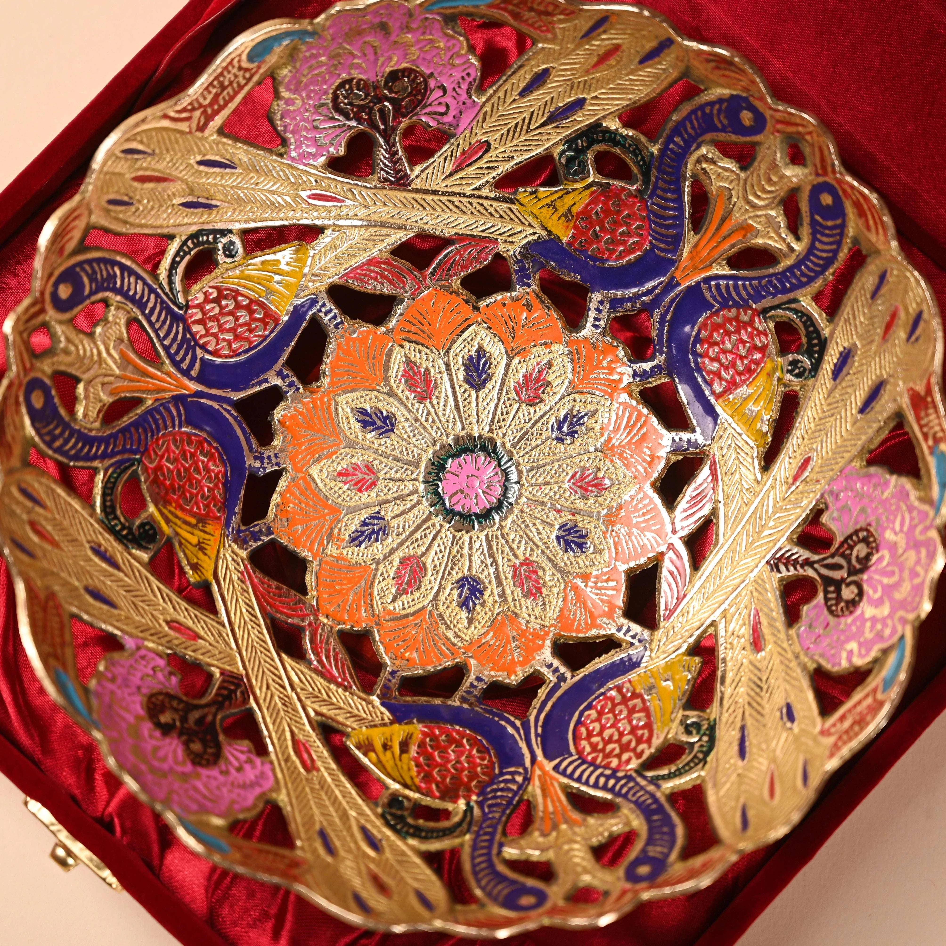 Brass Hand Painted Peacock Fruit Bowl With Velvet Box (7.5 Inch) - Image 4