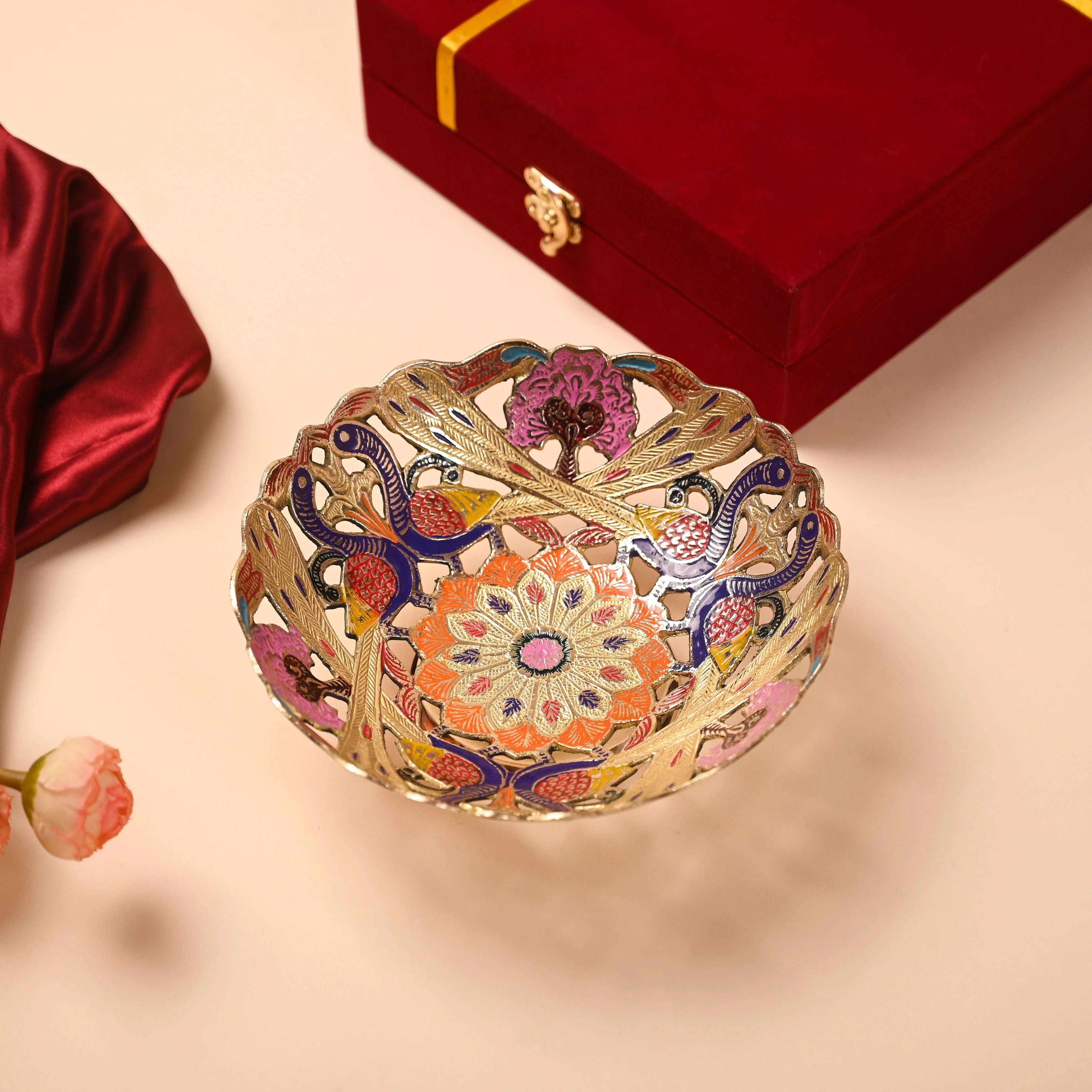 Brass Hand Painted Peacock Fruit Bowl With Velvet Box (7.5 Inch) - Image 5