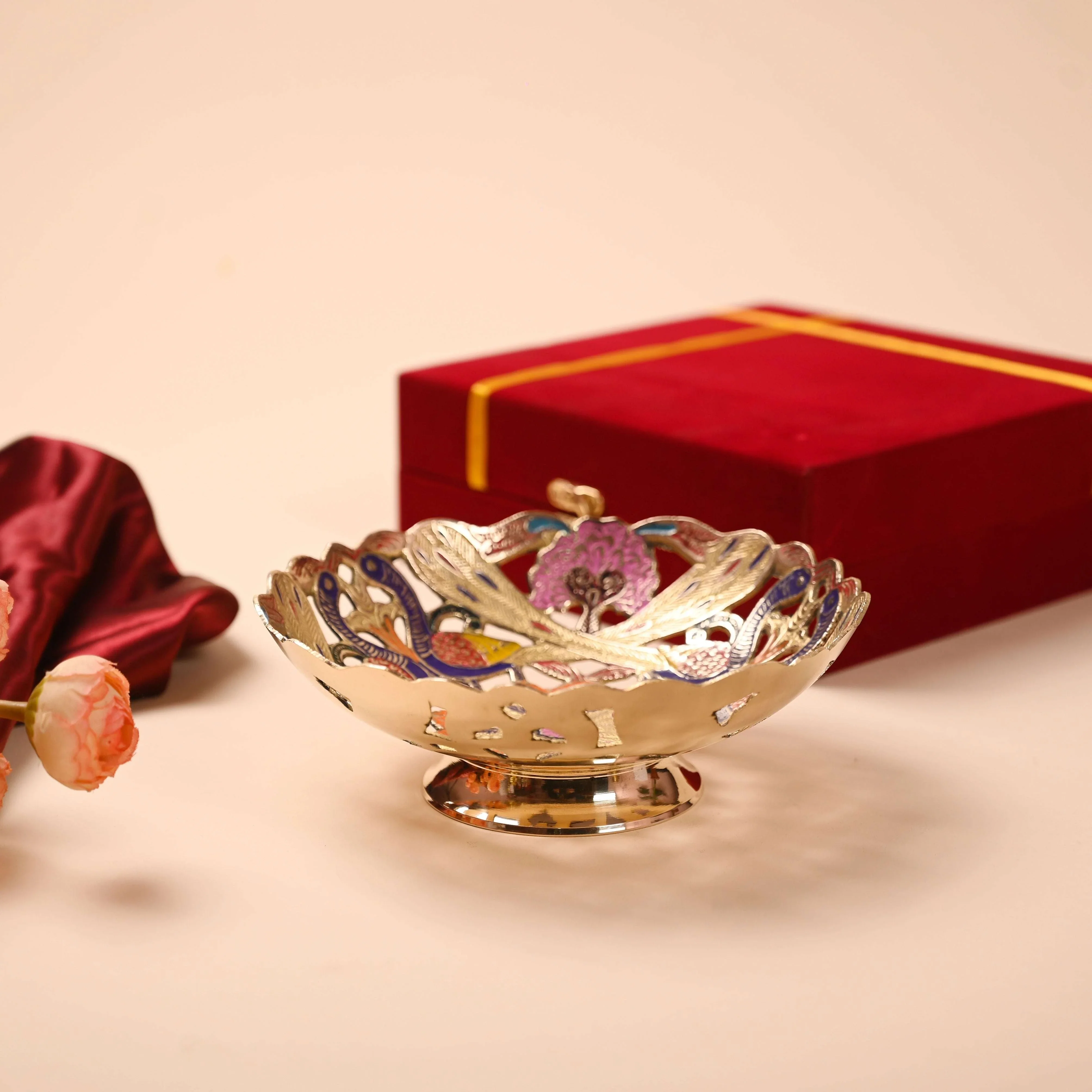 Brass Hand Painted Peacock Fruit Bowl With Velvet Box (7.5 Inch) - Image 6