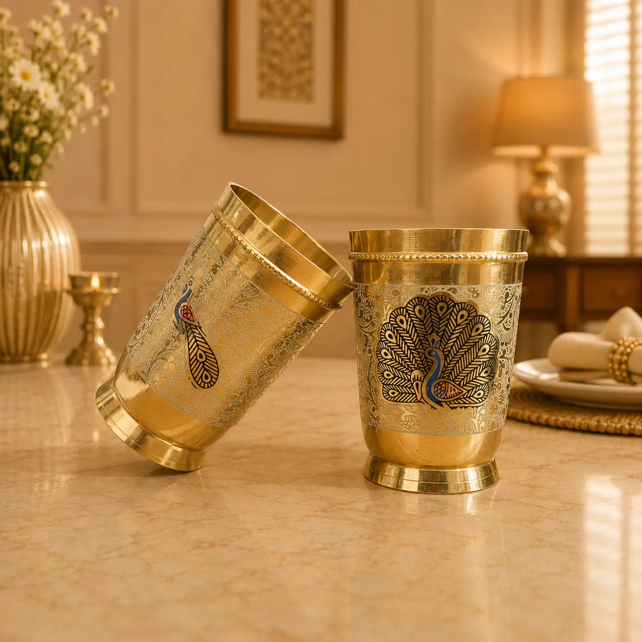 Brass Hand Painted Glass Pair - Image 10