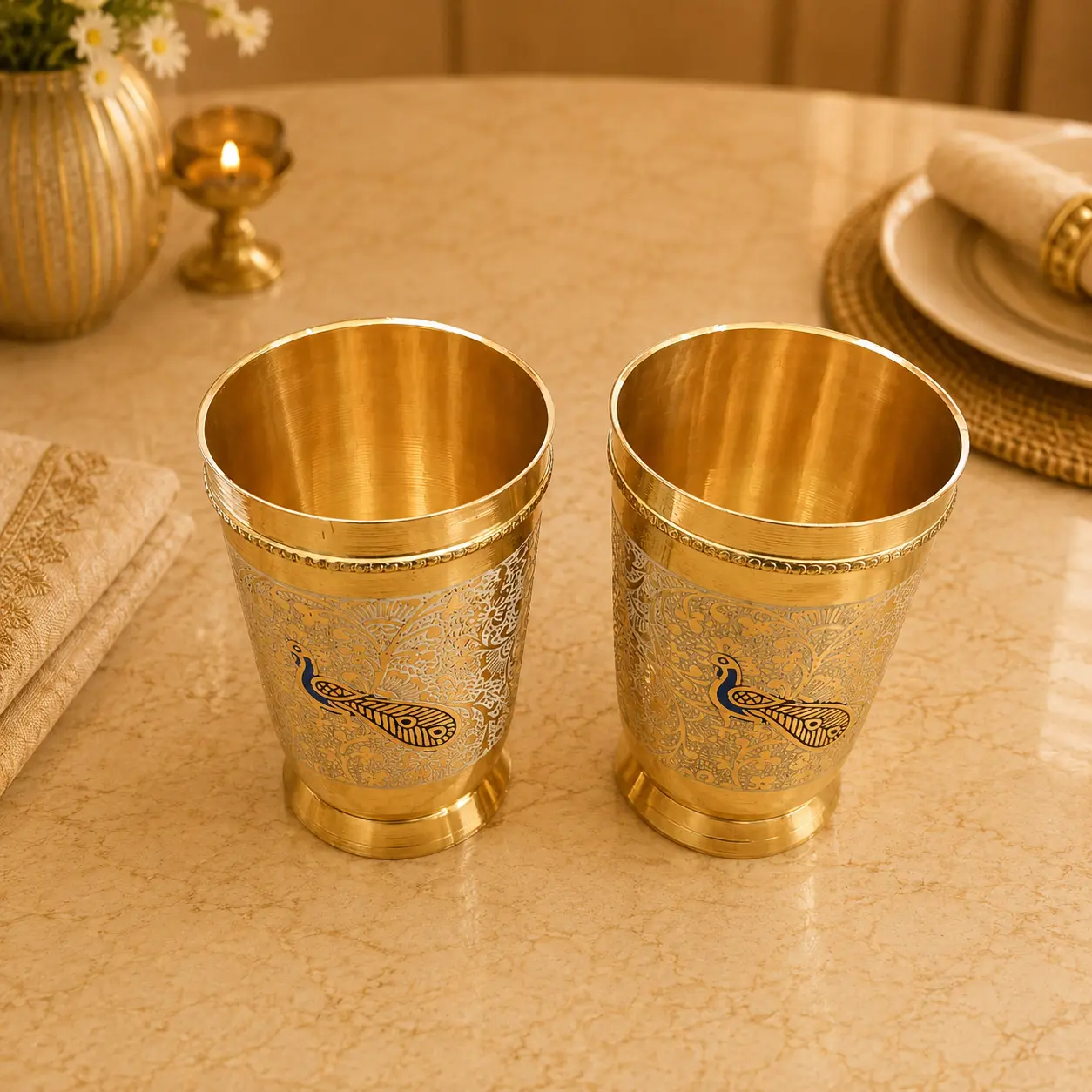 Brass Hand Painted Glass Pair - Image 11