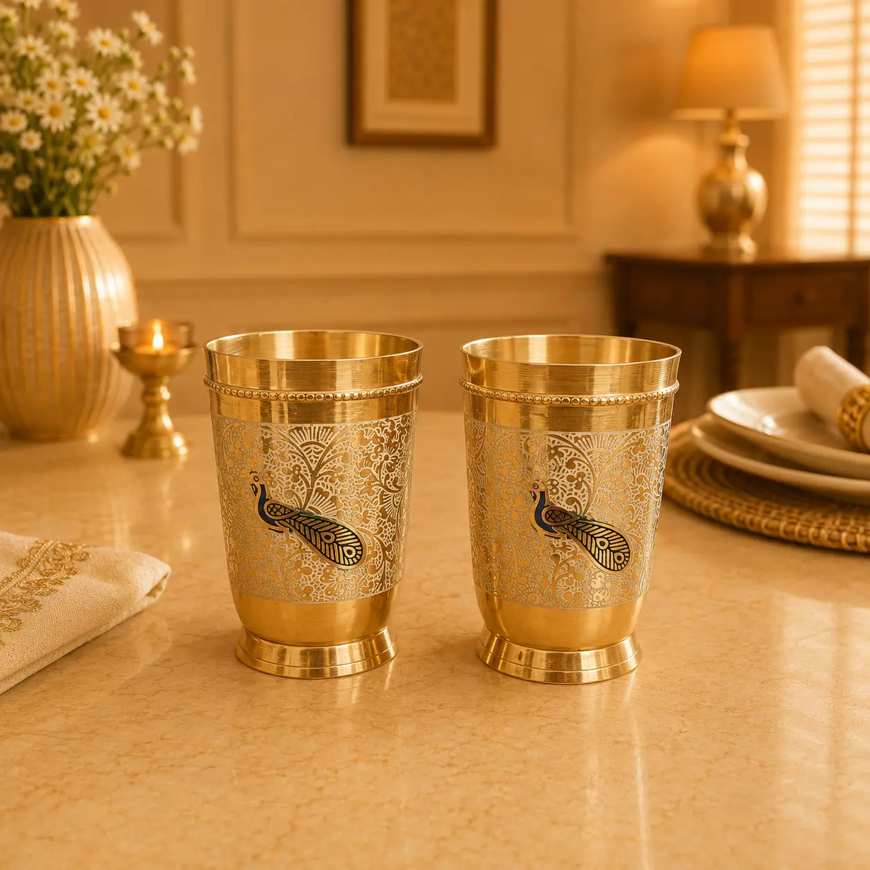 Brass Hand Painted Glass Pair - Image 12