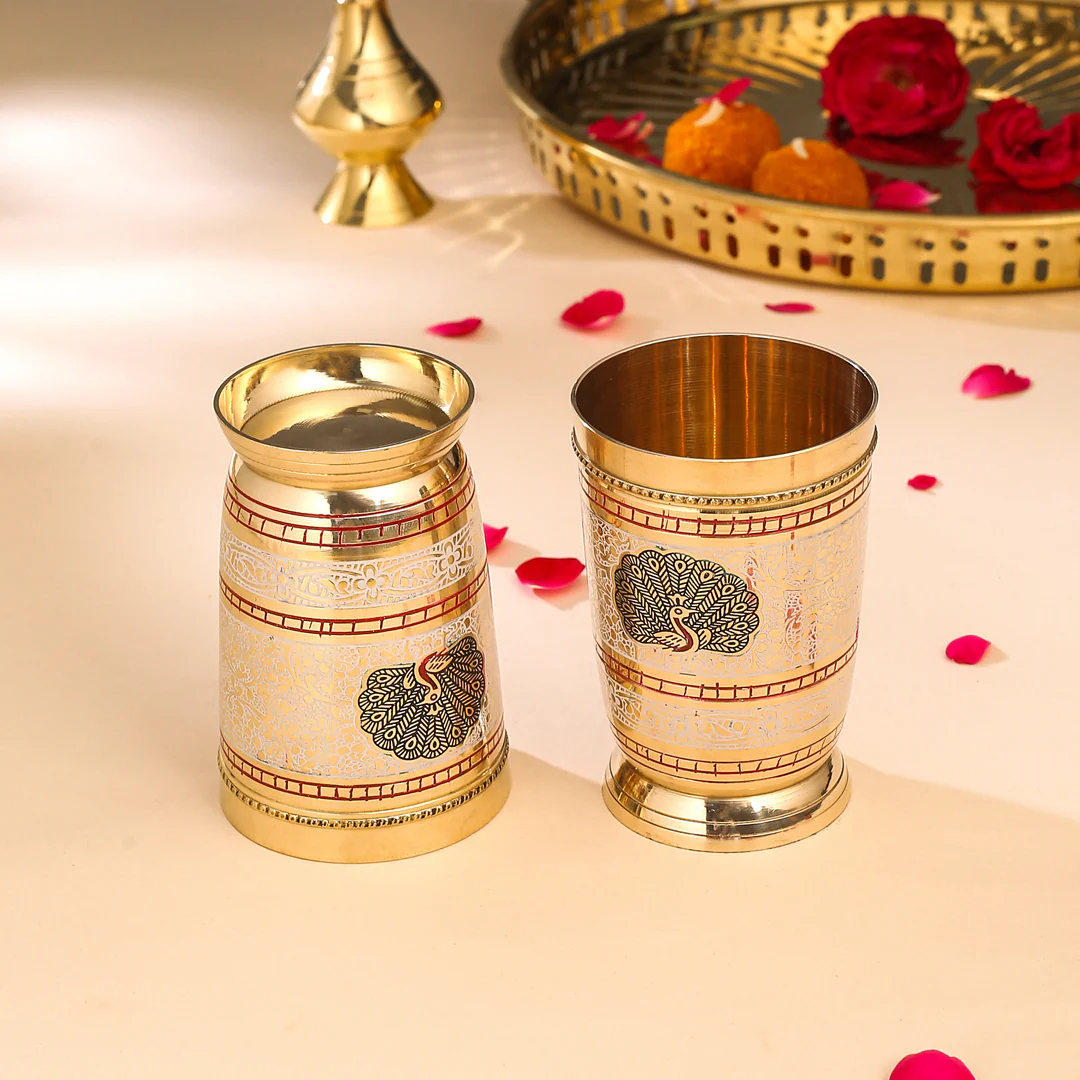 Brass Hand Painted Glass Pair - Image 7