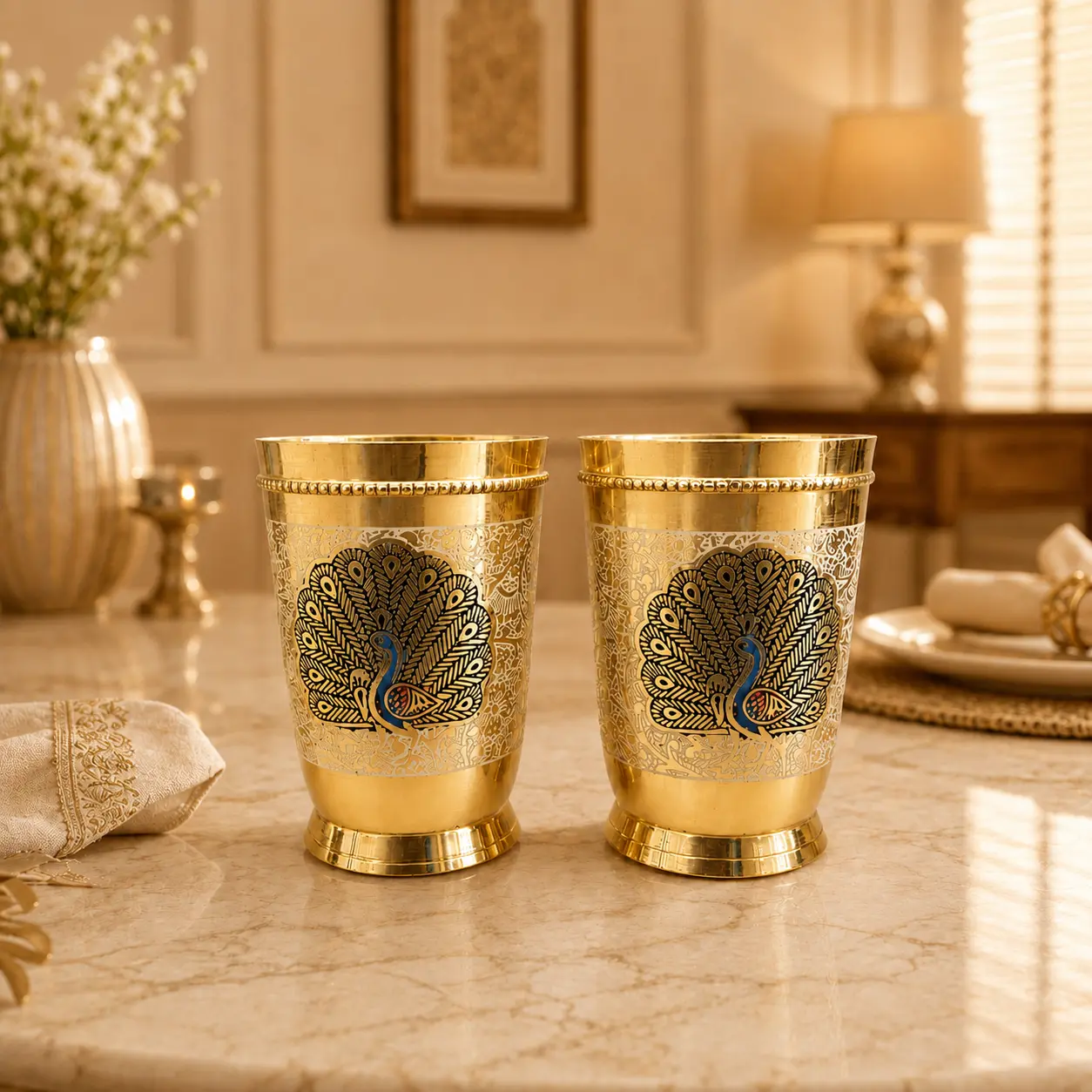 Brass Hand Painted Glass Pair - Image 8