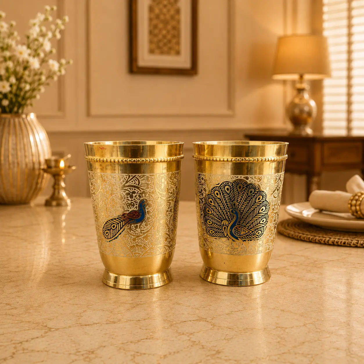 Brass Hand Painted Glass Pair - Image 9