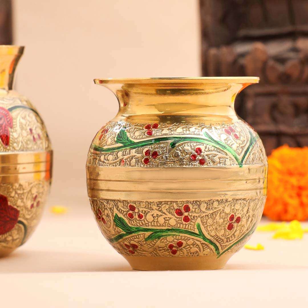Brass Hand Painted Pooja Kalash with Floral Design (3.8 Inch) - Image 3