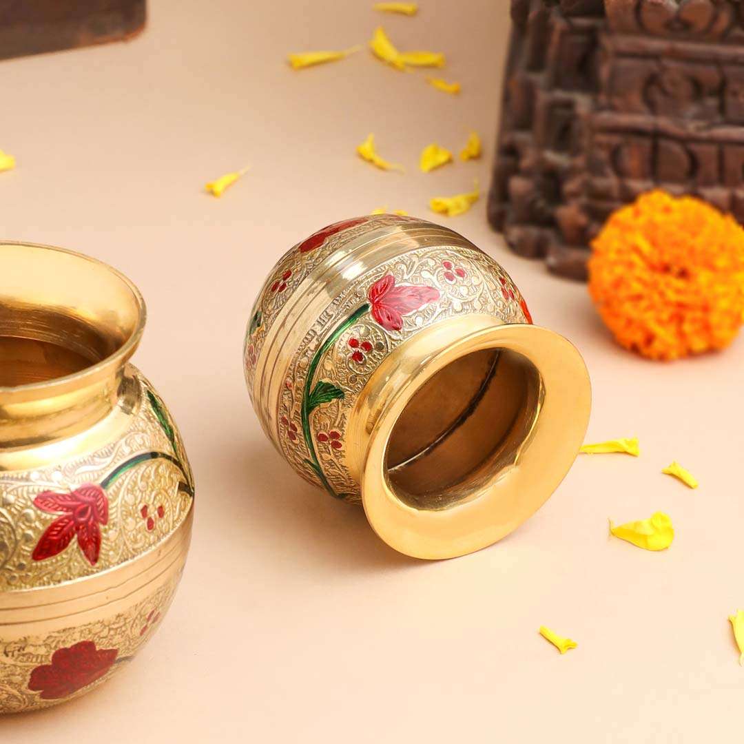 Brass Hand Painted Pooja Kalash with Floral Design (3.8 Inch) - Image 4