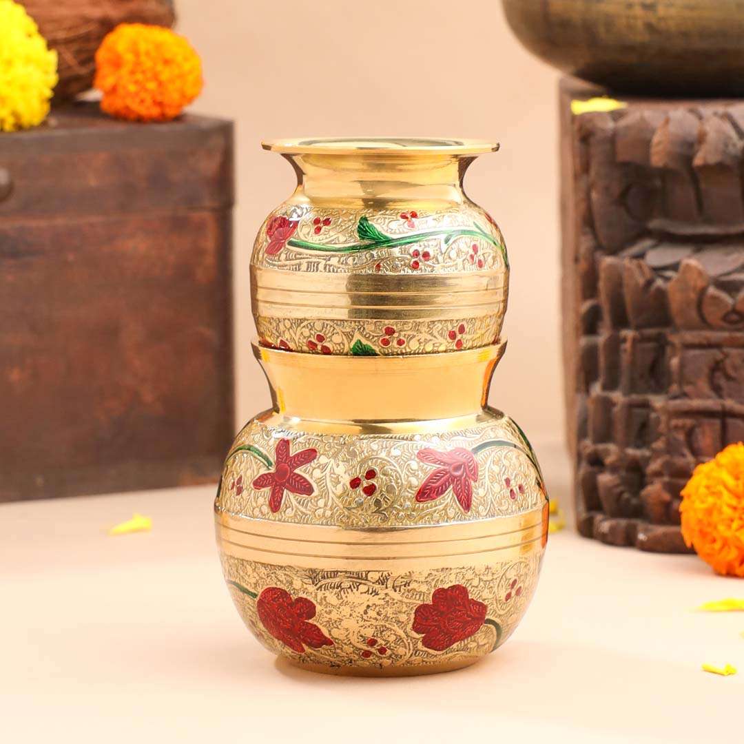 Brass Hand Painted Pooja Kalash with Floral Design (3.8 Inch) - Image 5