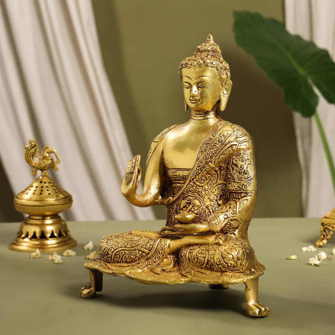 Brass Handcarved Blessing Buddha Idol (13 Inch) - Image 2