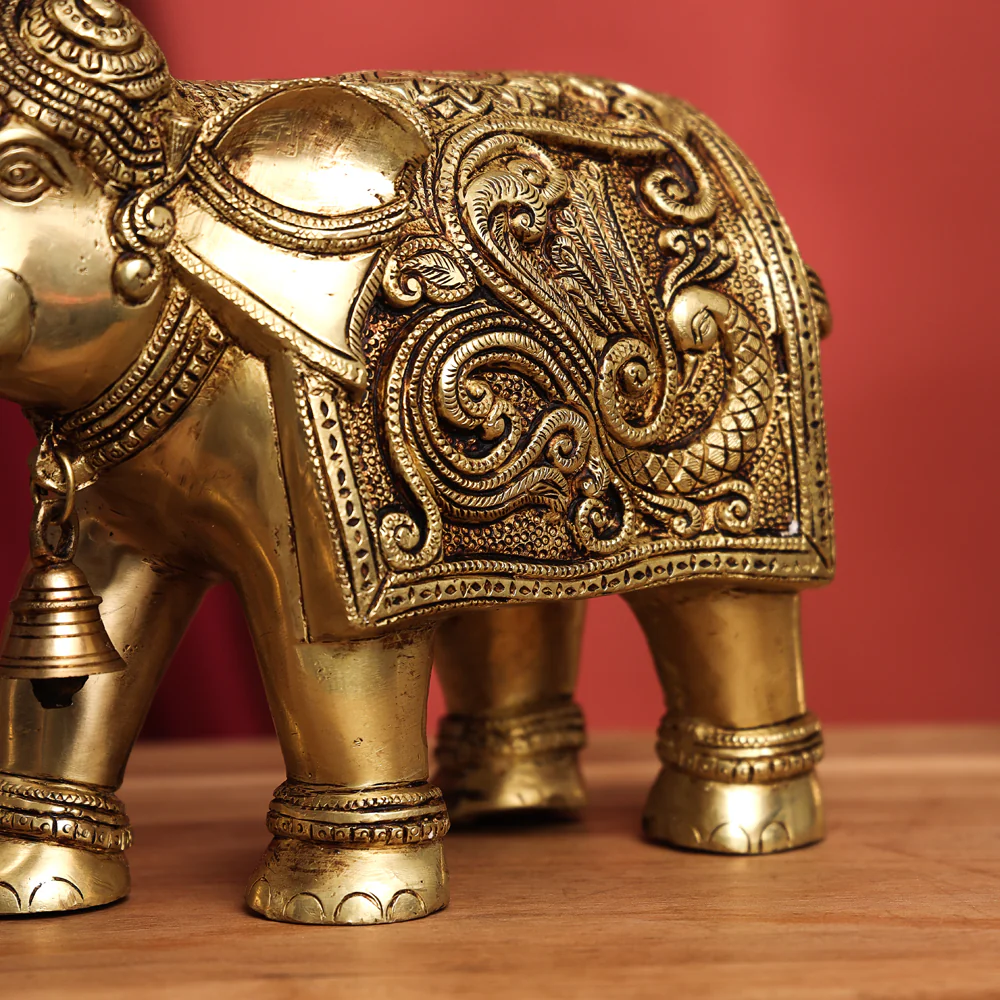 Brass Handcarved Elephant Statue (10 Inch) - Image 6