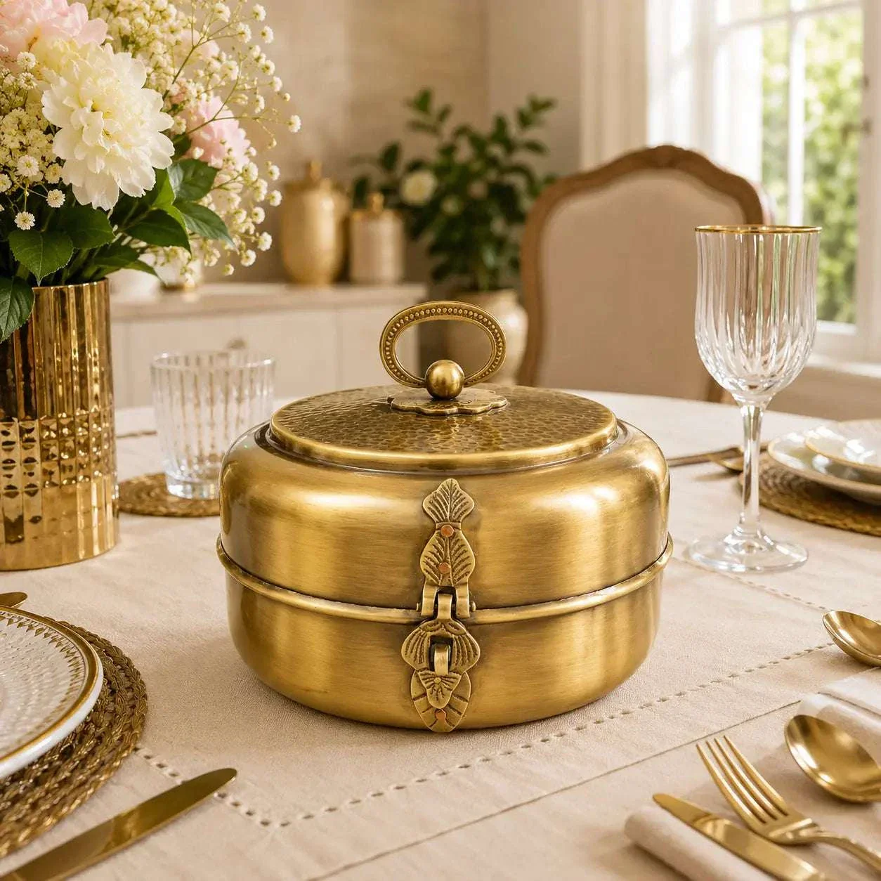 Brass Handcrafted Roti / Chapati Box With Tong (5.5 Inch)