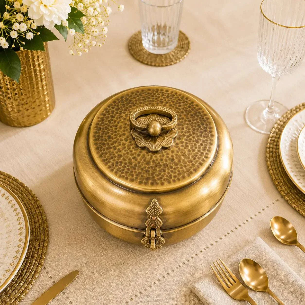 Brass Handcrafted Roti / Chapati Box With Tong (5.5 Inch) - Image 2